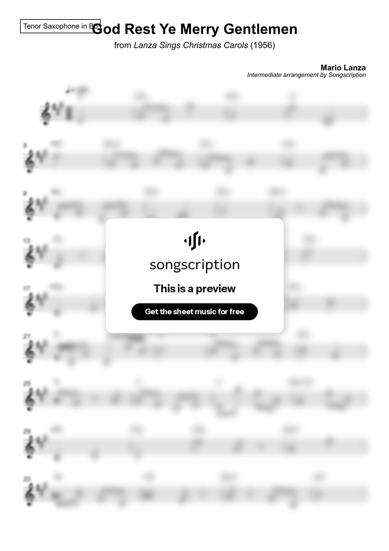 Intermediate Tenor Sax Sheet Music for "God Rest Ye Merry Gentlemen" by Mario Lanza