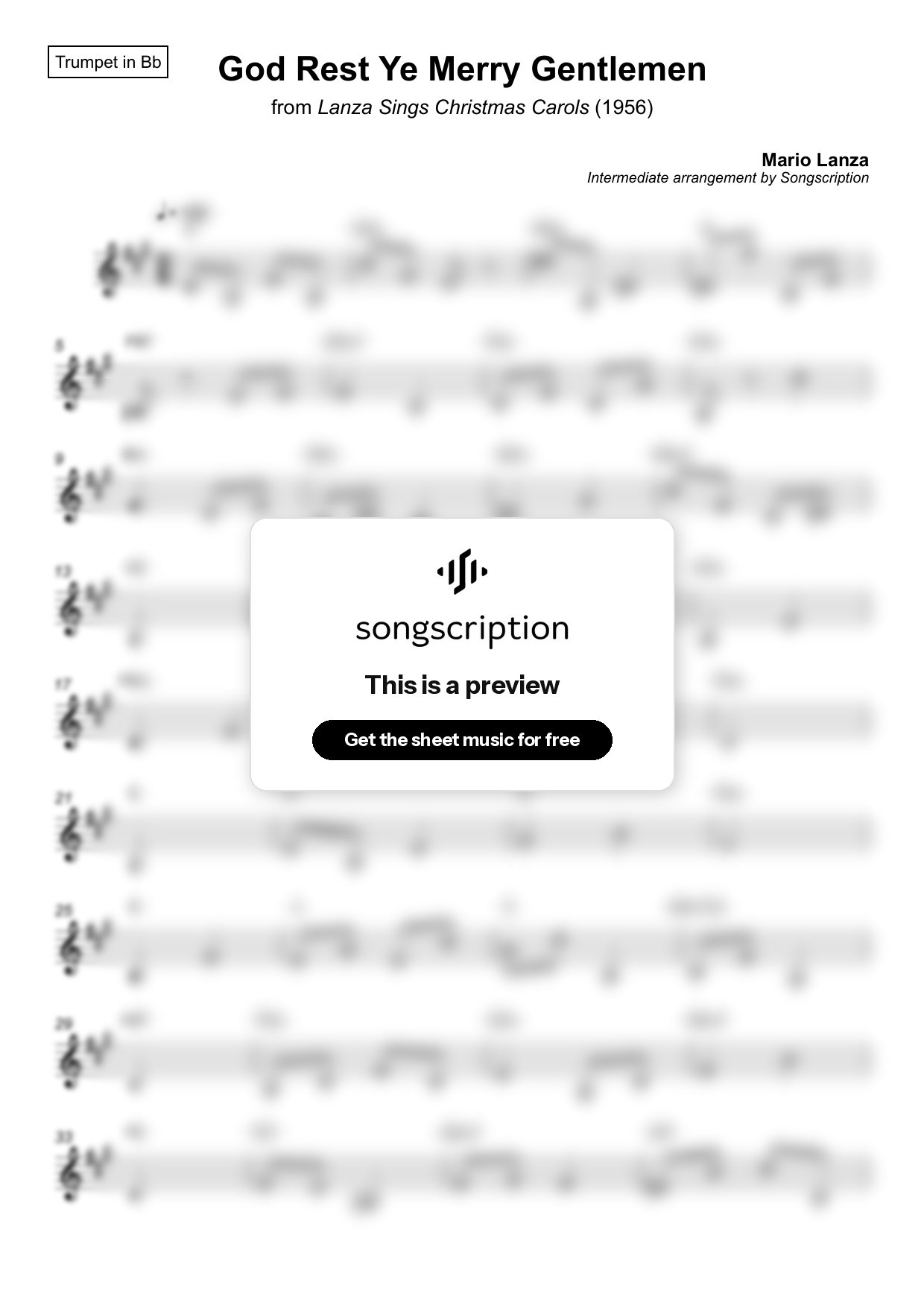 Intermediate Trumpet Sheet Music for "God Rest Ye Merry Gentlemen" by Mario Lanza