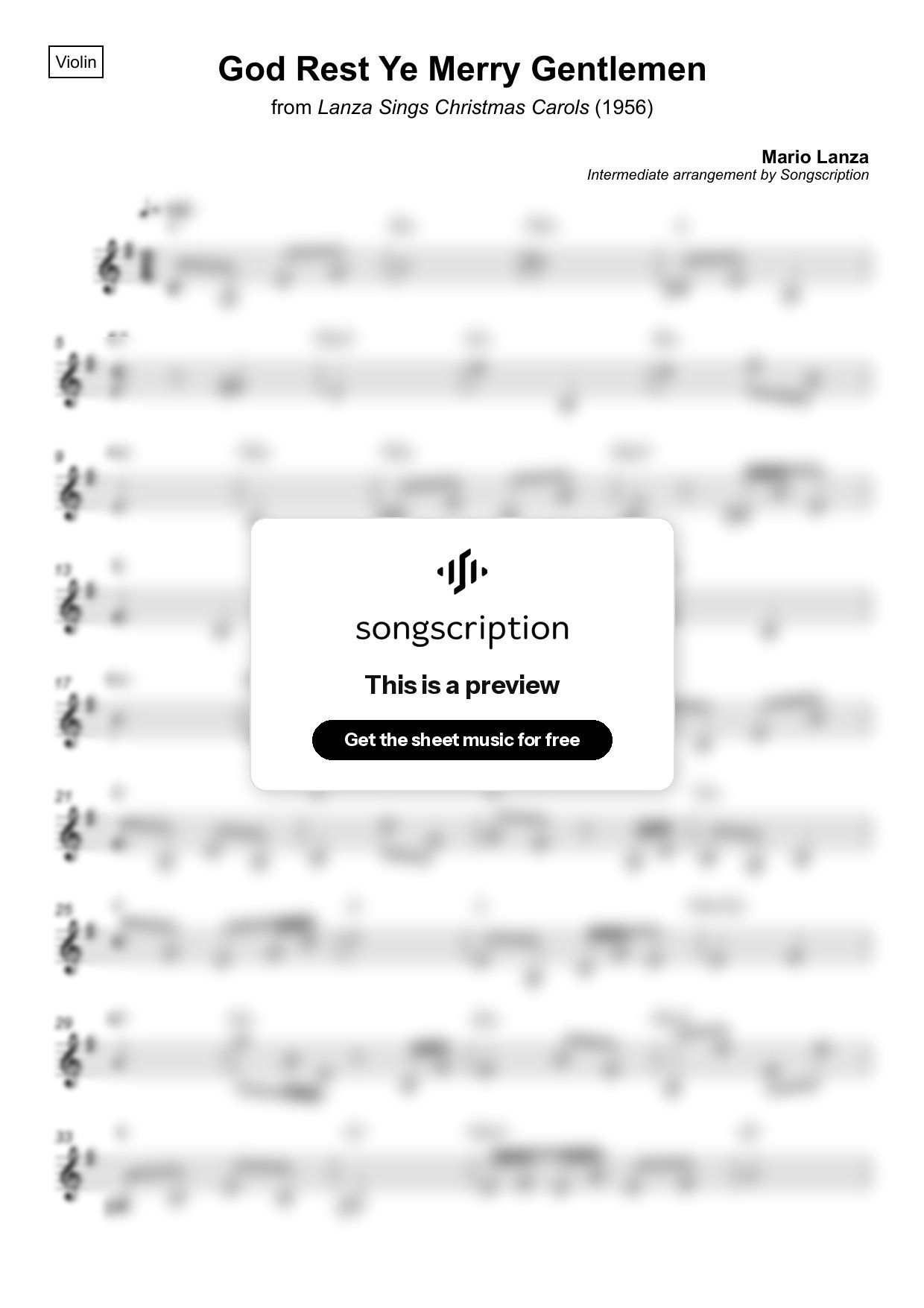 Intermediate Violin Sheet Music for "God Rest Ye Merry Gentlemen" by Mario Lanza
