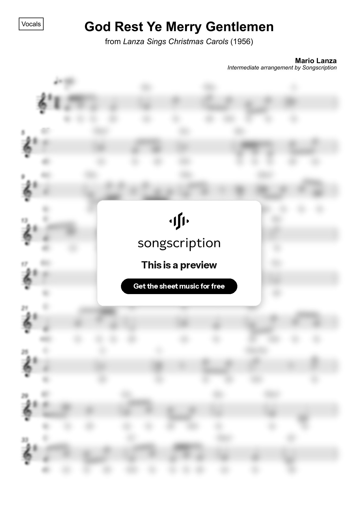 Intermediate Vocals Sheet Music for "God Rest Ye Merry Gentlemen" by Mario Lanza
