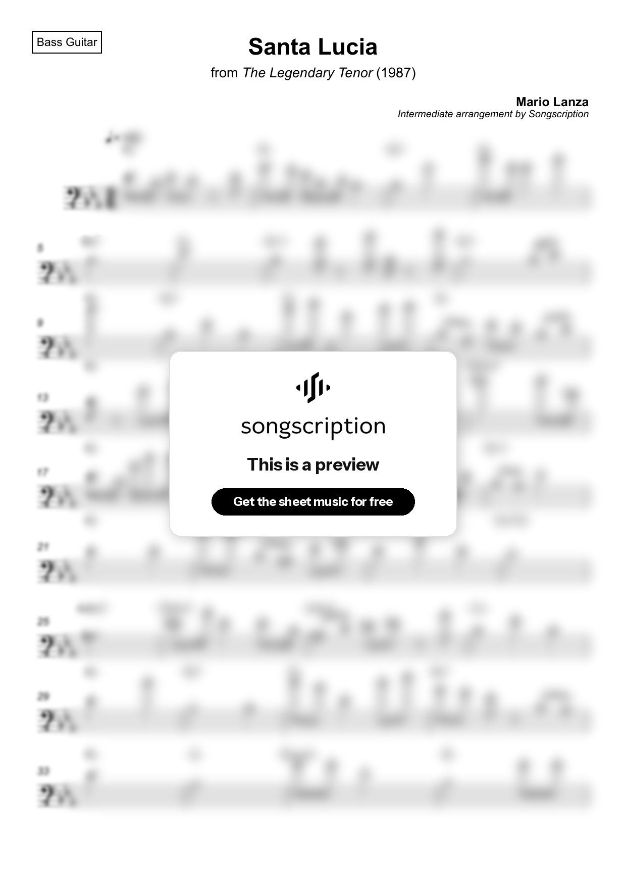 Intermediate Bass Guitar Sheet Music for "Santa Lucia" by Mario Lanza
