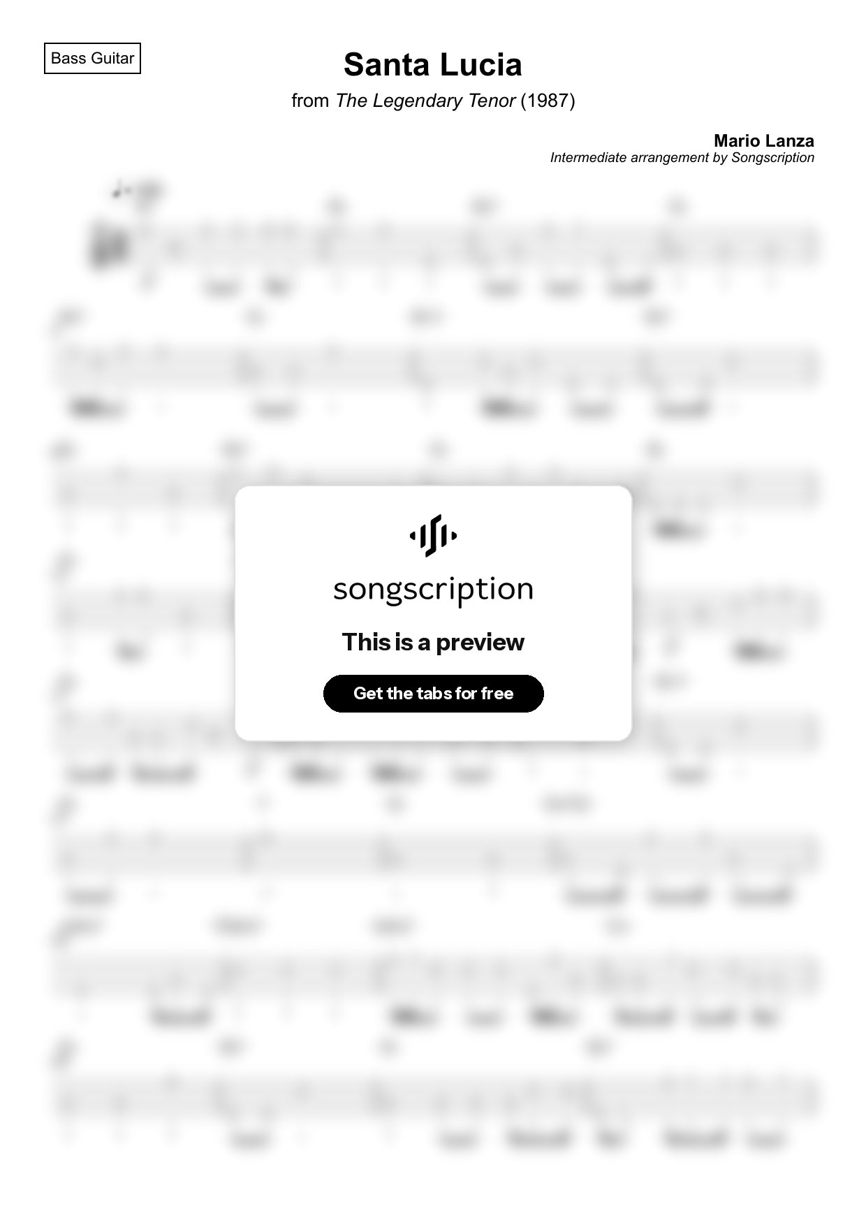 Intermediate Bass Guitar Tabs for "Santa Lucia" by Mario Lanza