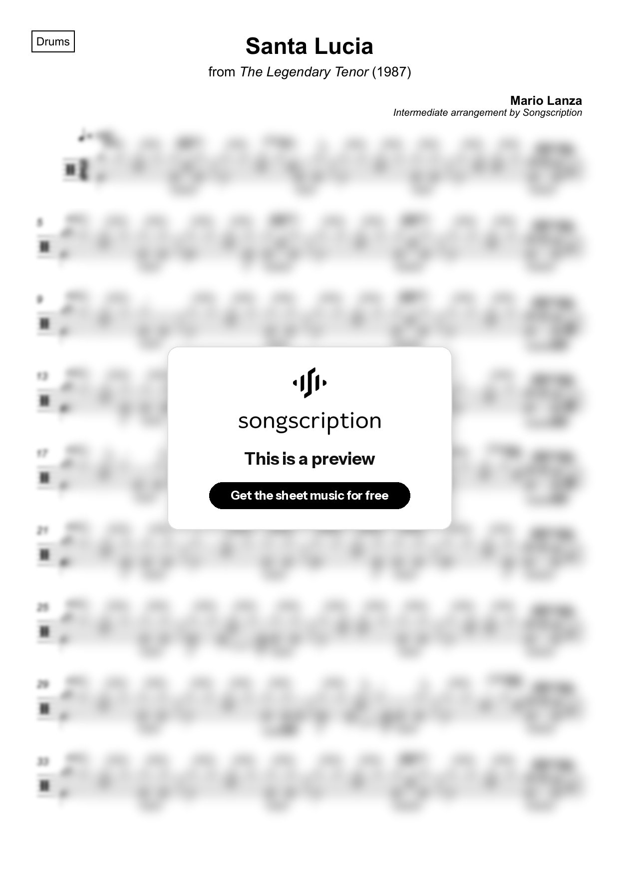 Intermediate Drums Sheet Music for "Santa Lucia" by Mario Lanza