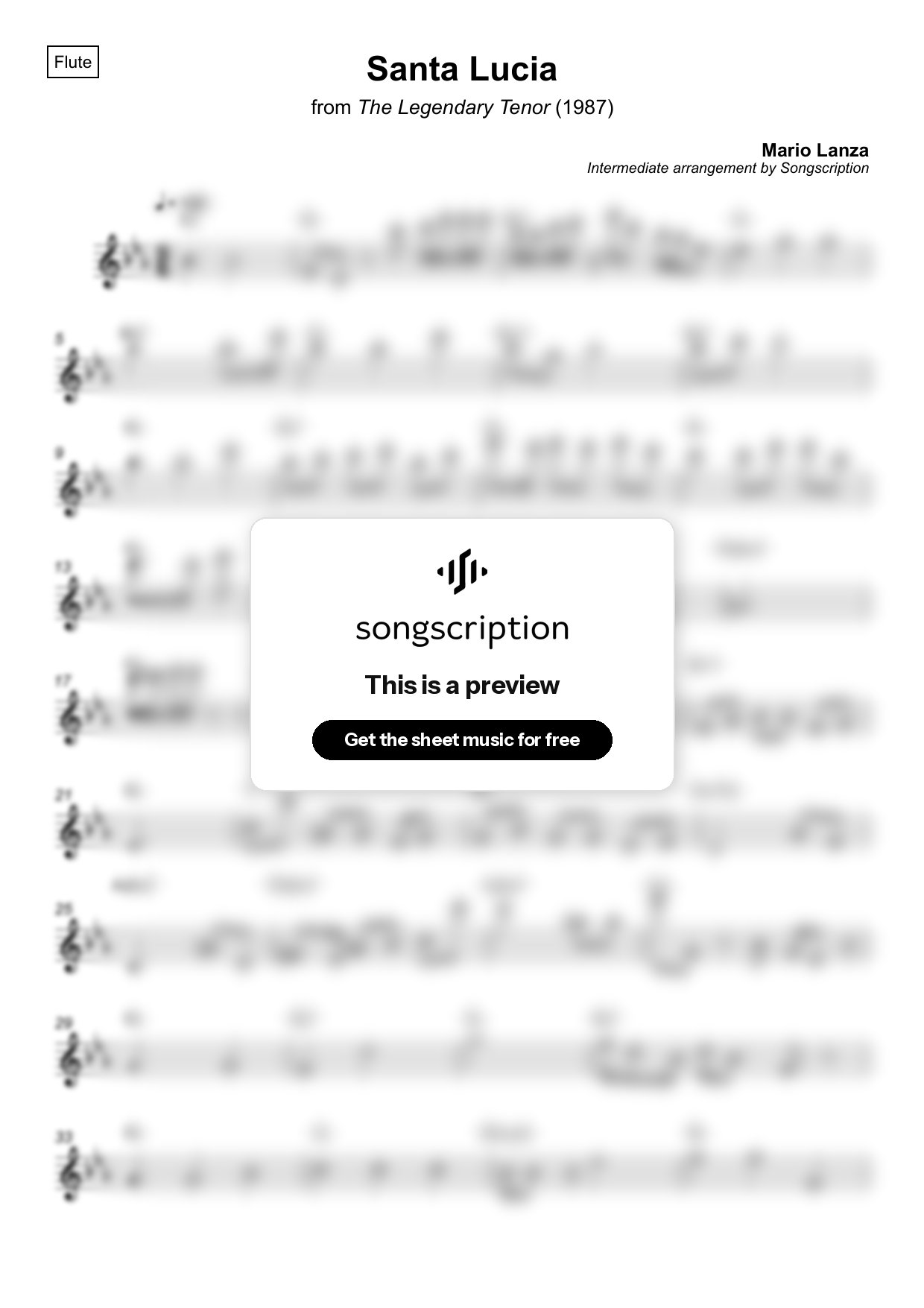 Intermediate Flute Sheet Music for "Santa Lucia" by Mario Lanza