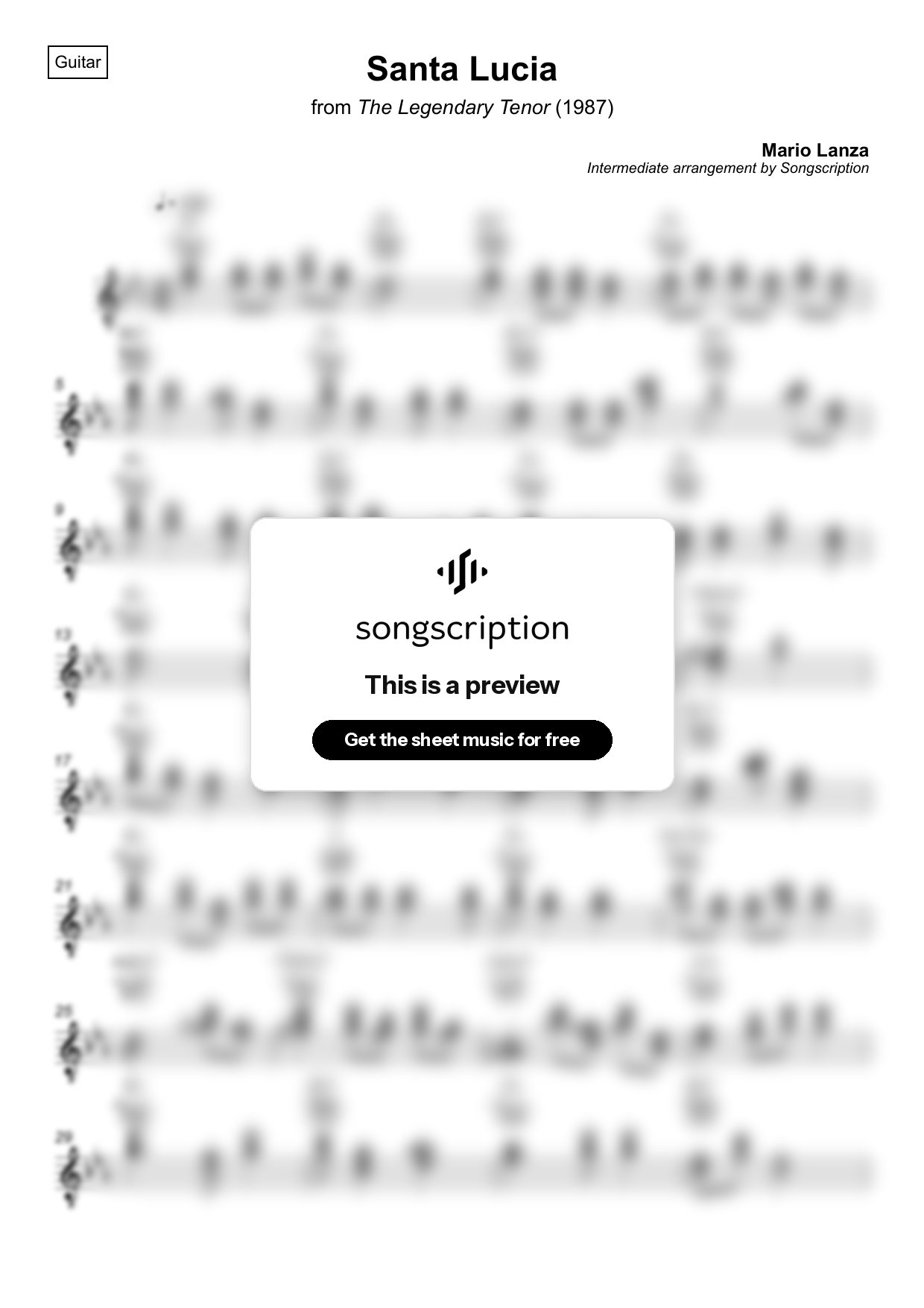 Intermediate Acoustic Guitar Sheet Music for "Santa Lucia" by Mario Lanza