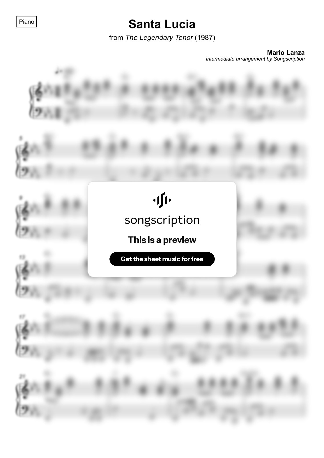 Intermediate Piano Sheet Music for "Santa Lucia" by Mario Lanza