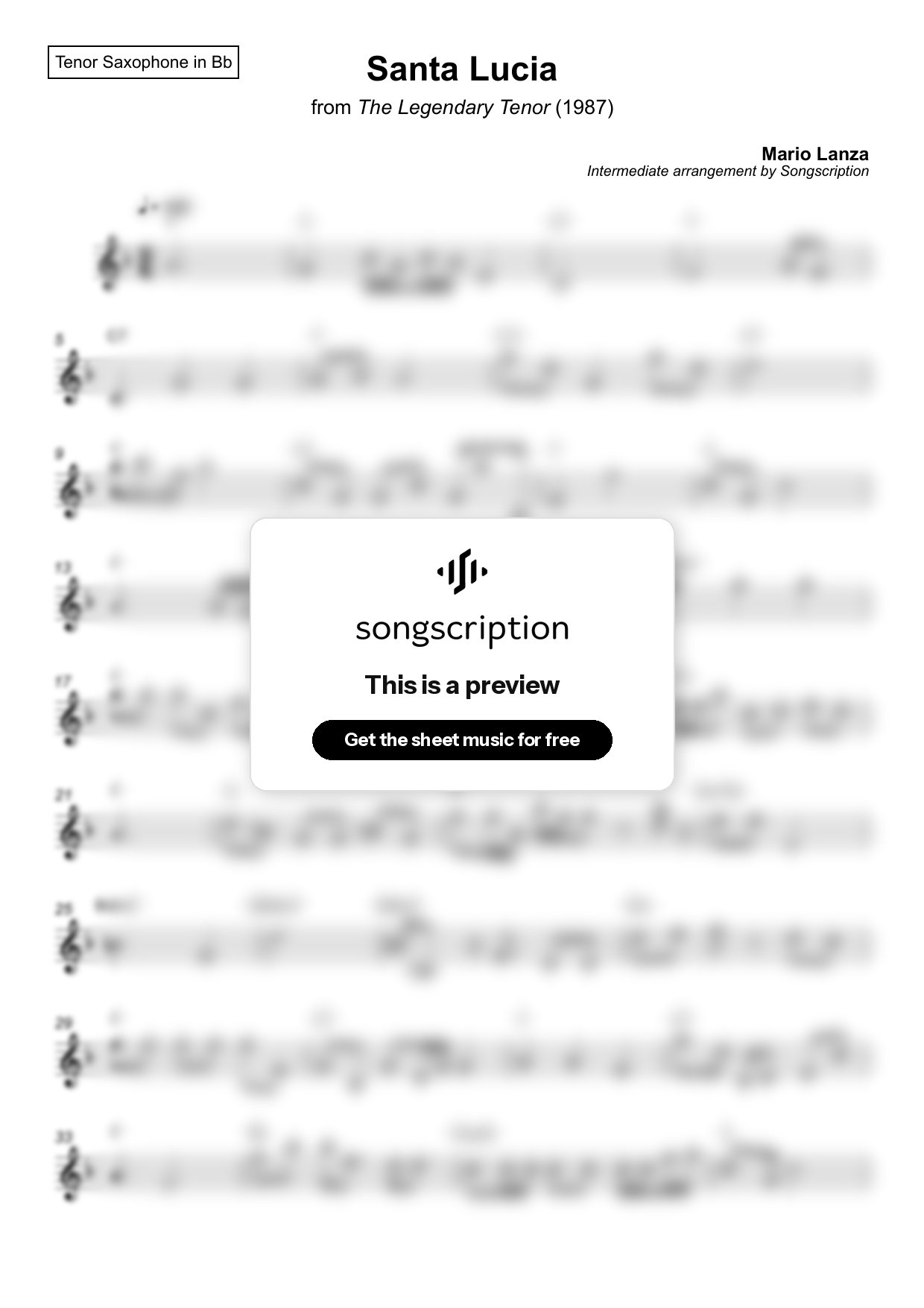 Intermediate Tenor Sax Sheet Music for "Santa Lucia" by Mario Lanza
