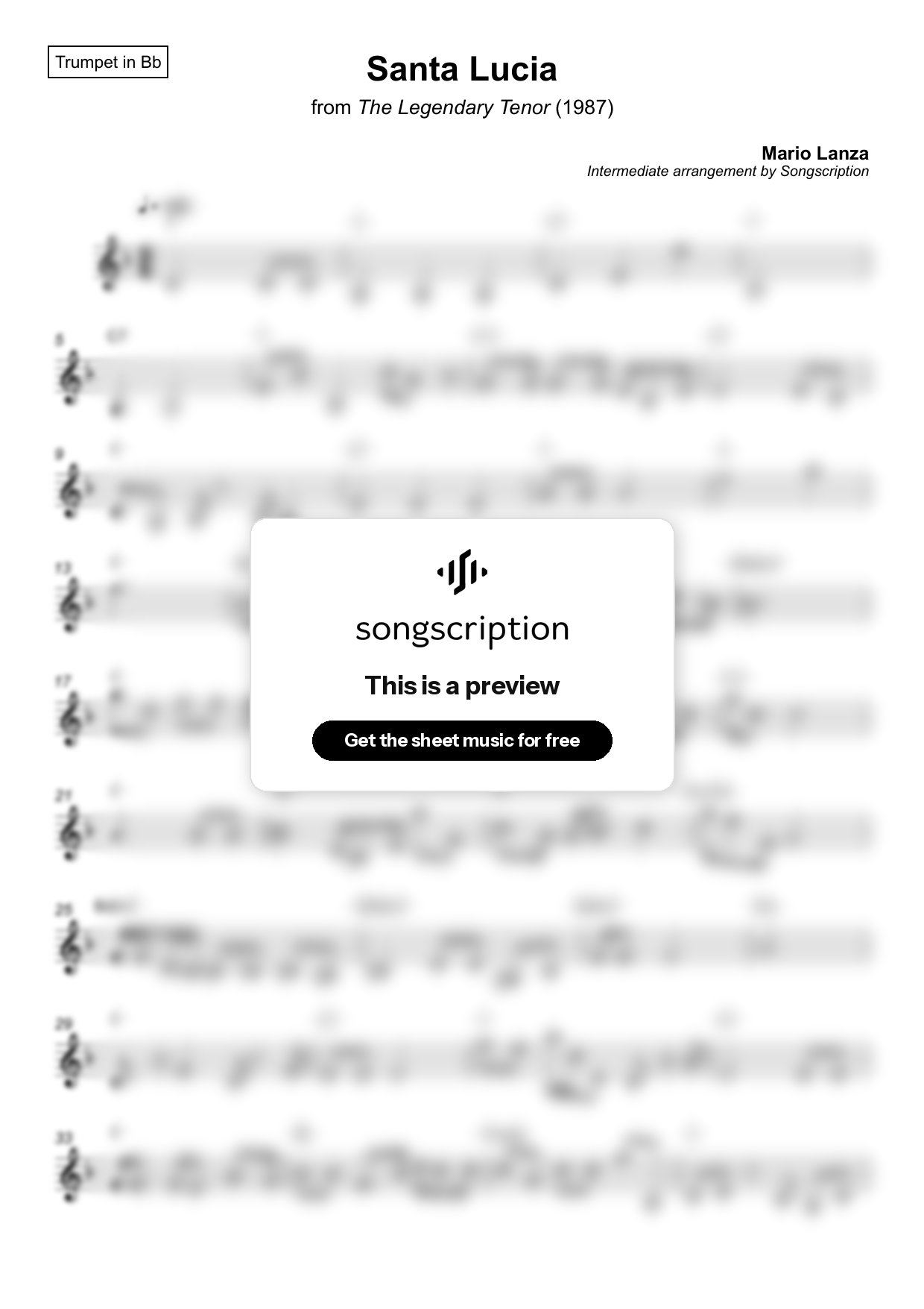 Intermediate Trumpet Sheet Music for "Santa Lucia" by Mario Lanza
