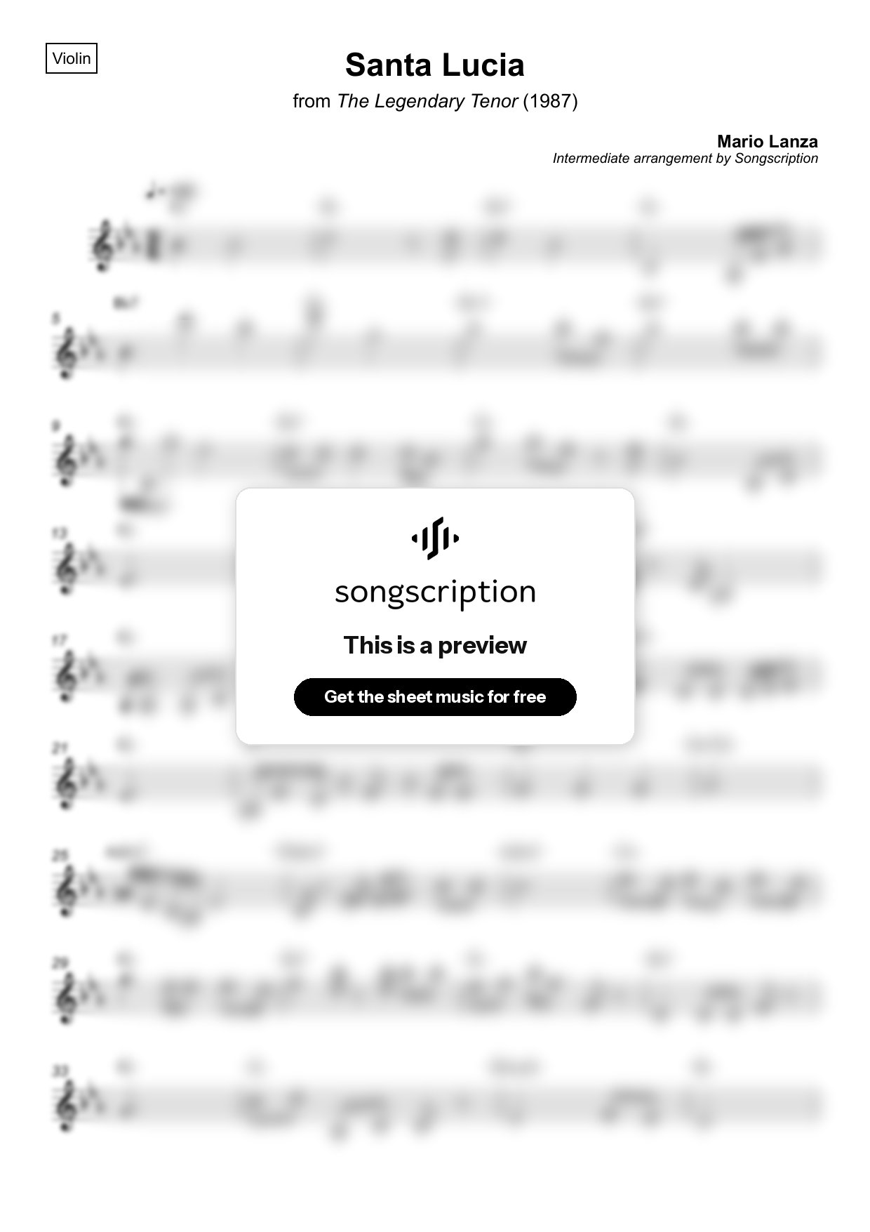Intermediate Violin Sheet Music for "Santa Lucia" by Mario Lanza