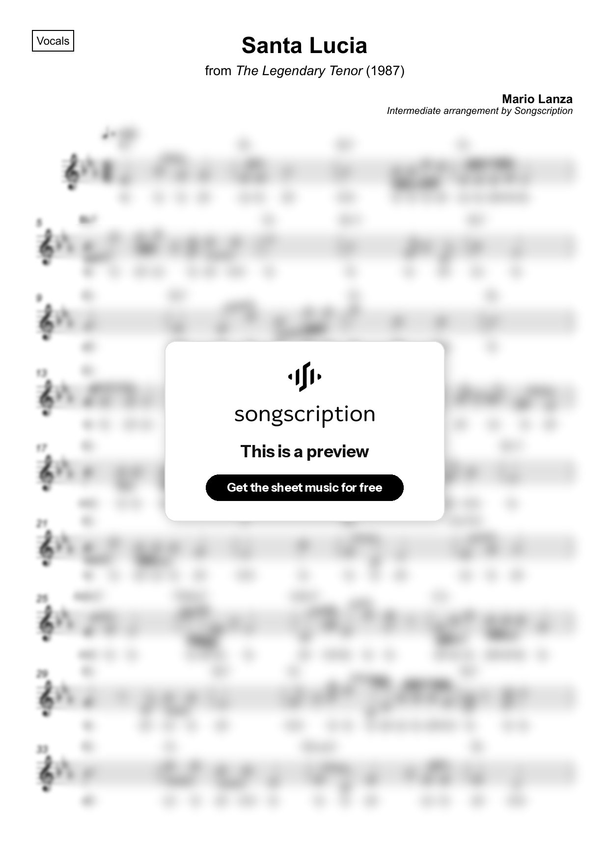 Intermediate Vocals Sheet Music for "Santa Lucia" by Mario Lanza