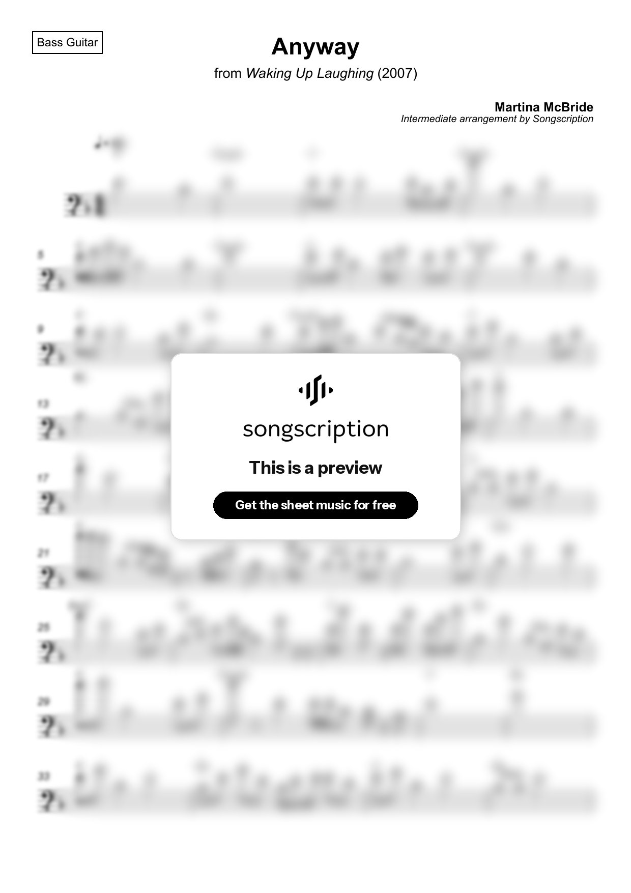 Intermediate Bass Guitar Sheet Music for "Anyway" by Martina McBride