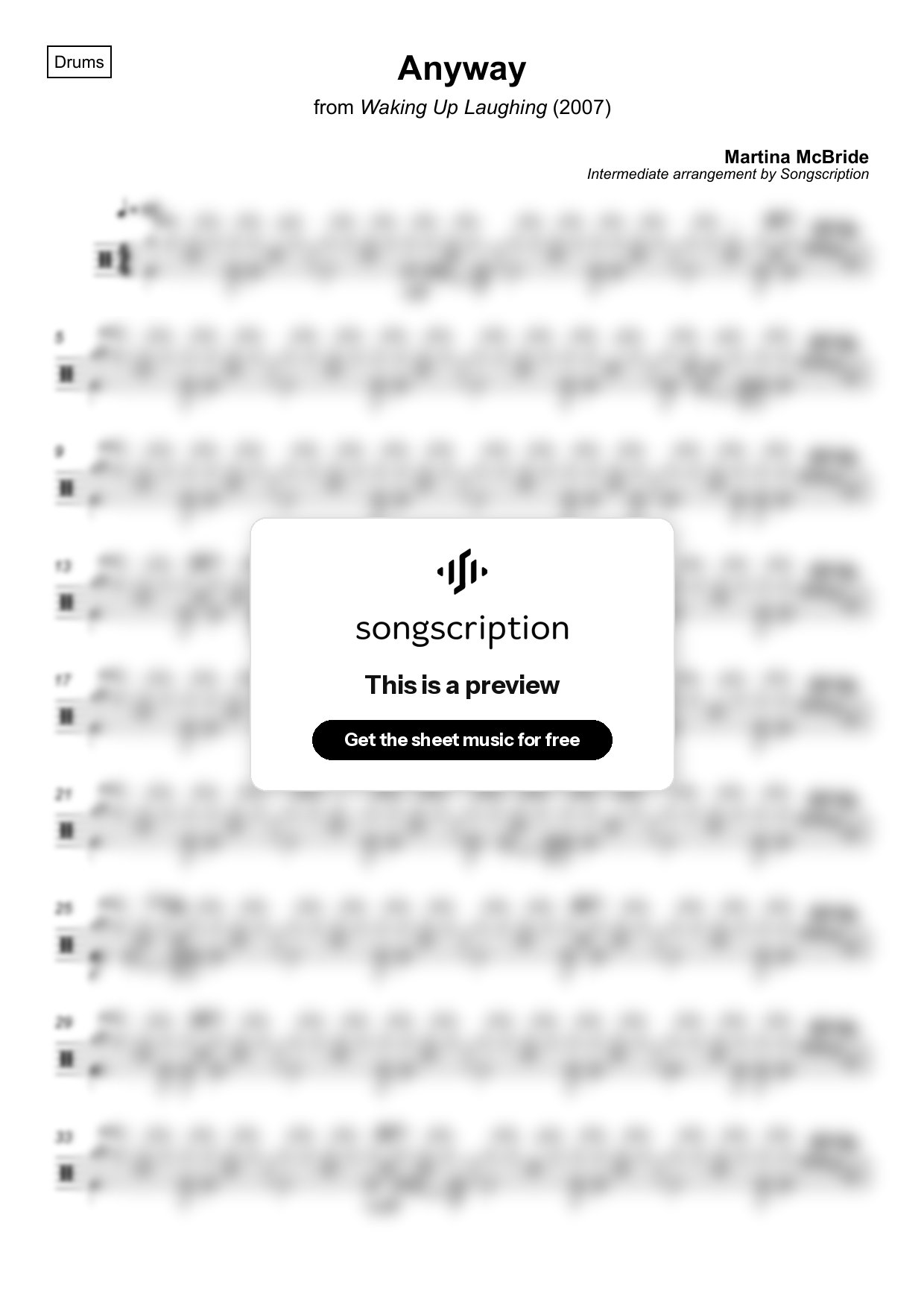 Intermediate Drums Sheet Music for "Anyway" by Martina McBride