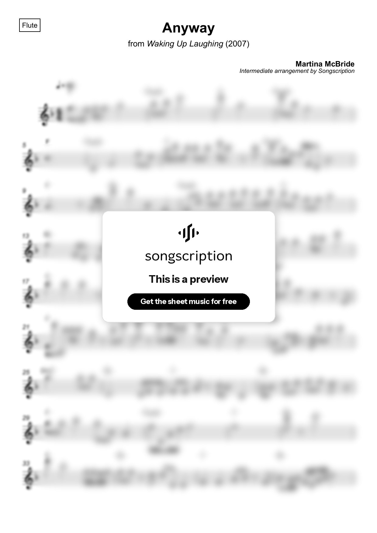 Intermediate Flute Sheet Music for "Anyway" by Martina McBride