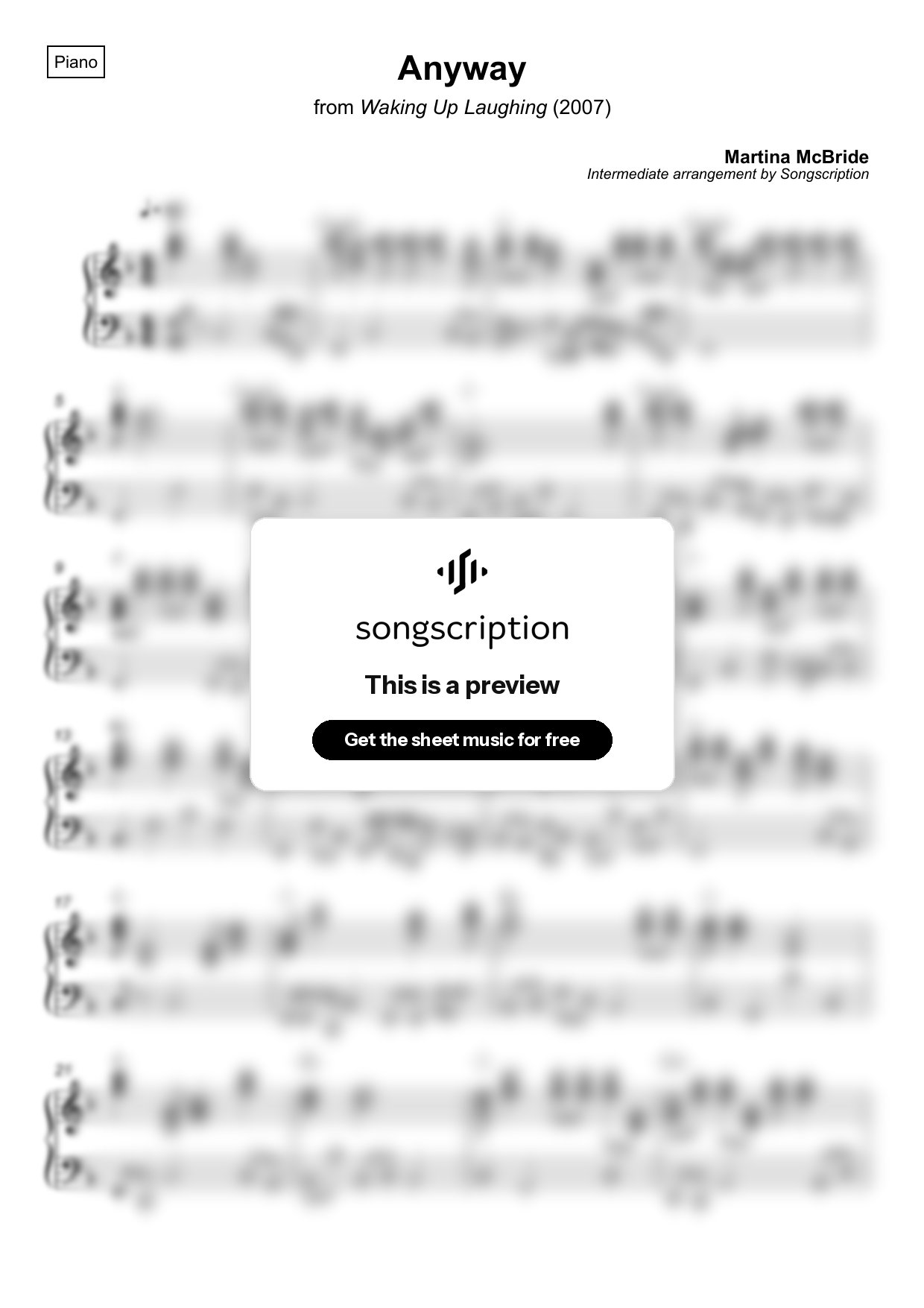 Intermediate Piano Sheet Music for "Anyway" by Martina McBride