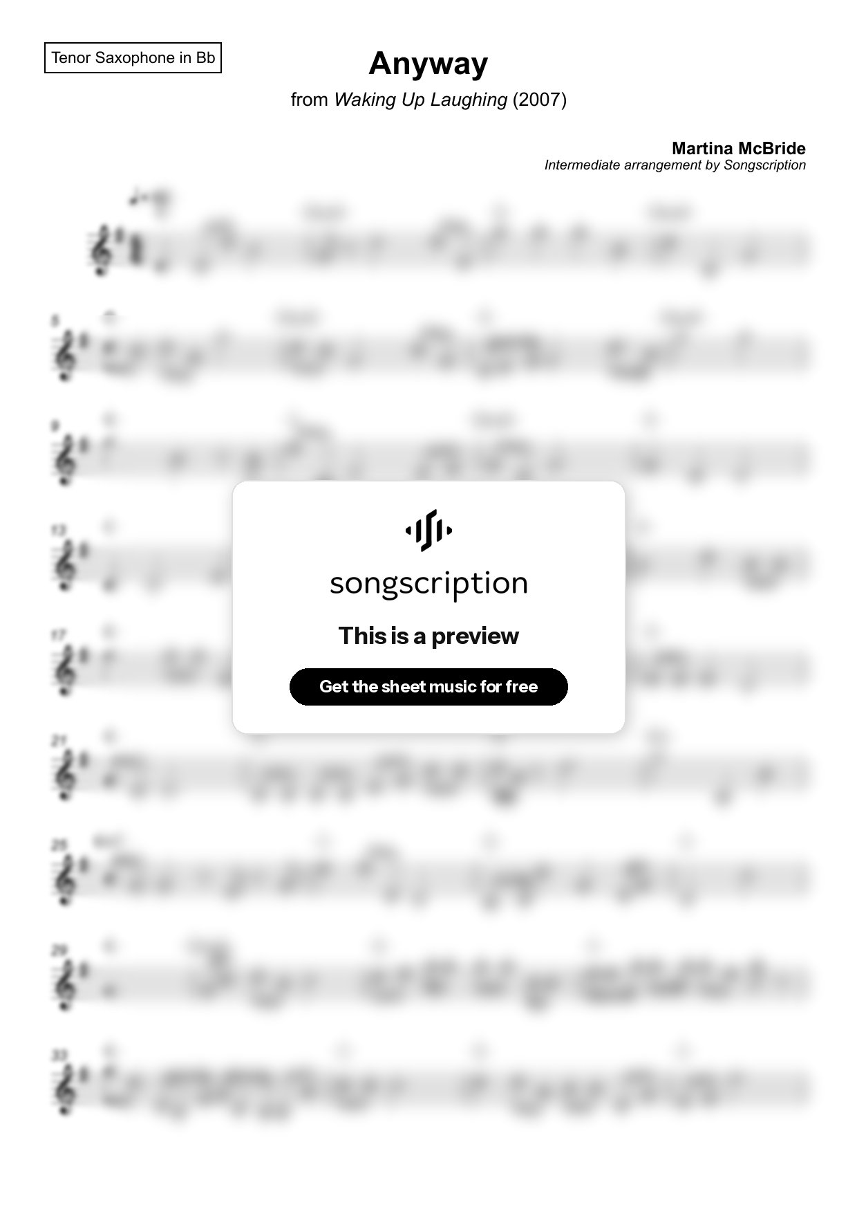 Intermediate Tenor Sax Sheet Music for "Anyway" by Martina McBride