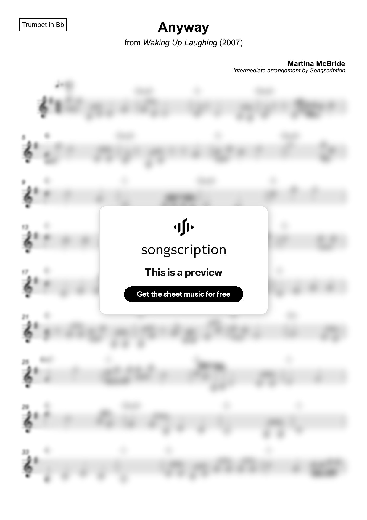Intermediate Trumpet Sheet Music for "Anyway" by Martina McBride