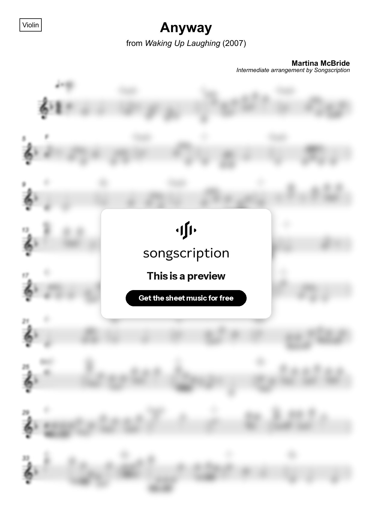 Intermediate Violin Sheet Music for "Anyway" by Martina McBride