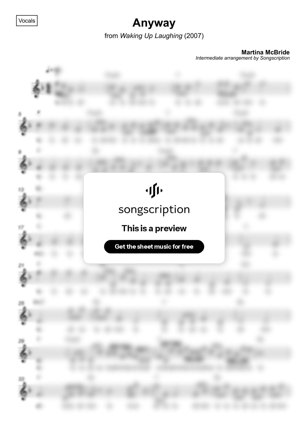 Intermediate Vocals Sheet Music for "Anyway" by Martina McBride