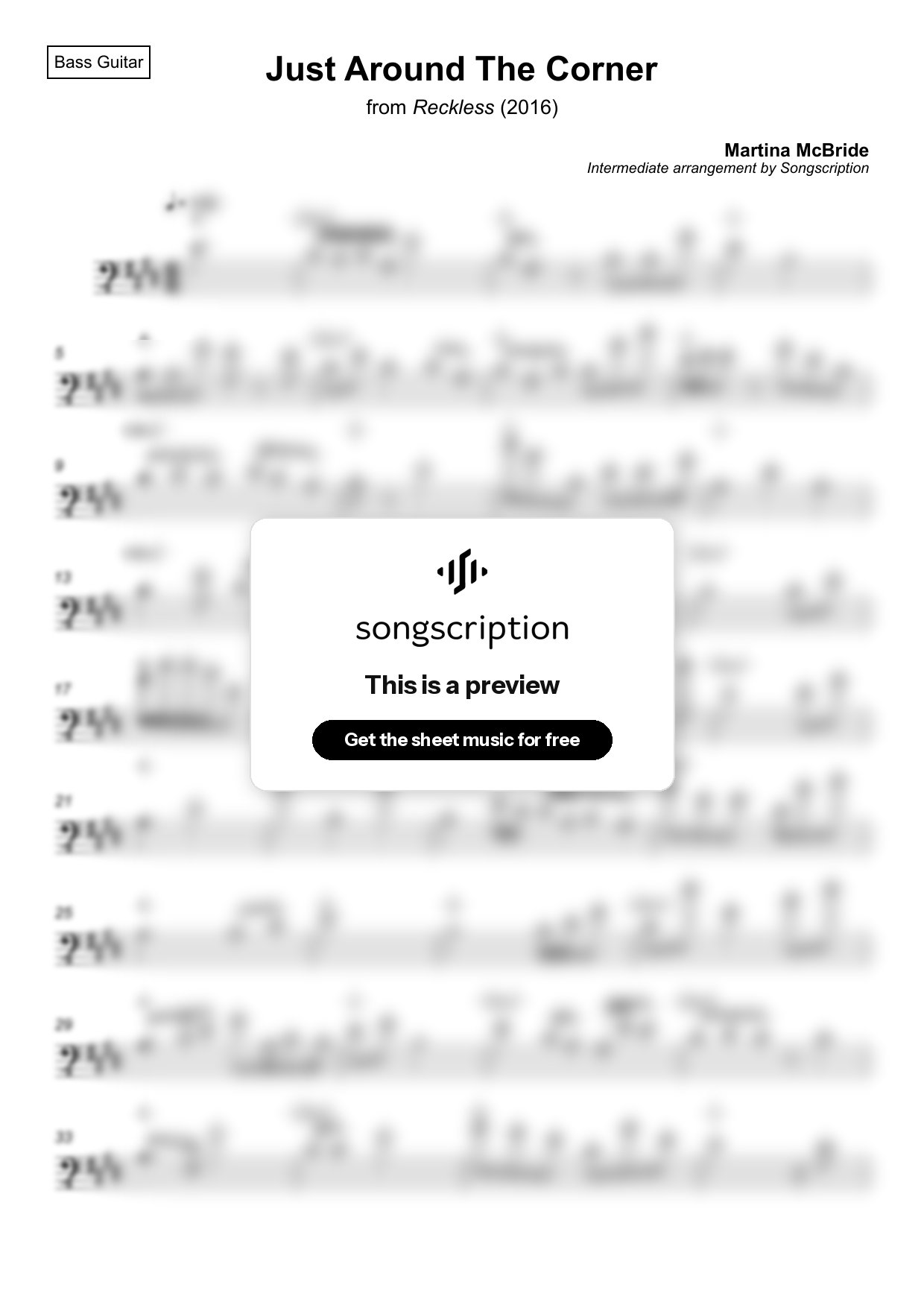 Intermediate Bass Guitar Sheet Music for "Just Around The Corner" by Martina McBride