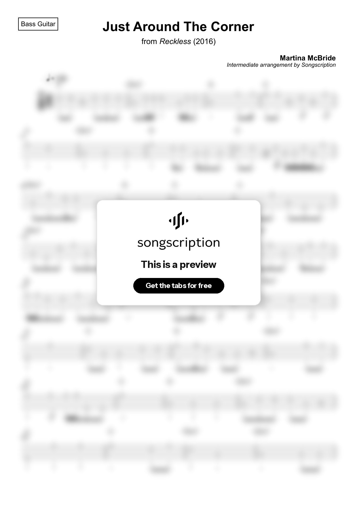 Intermediate Bass Guitar Tabs for "Just Around The Corner" by Martina McBride