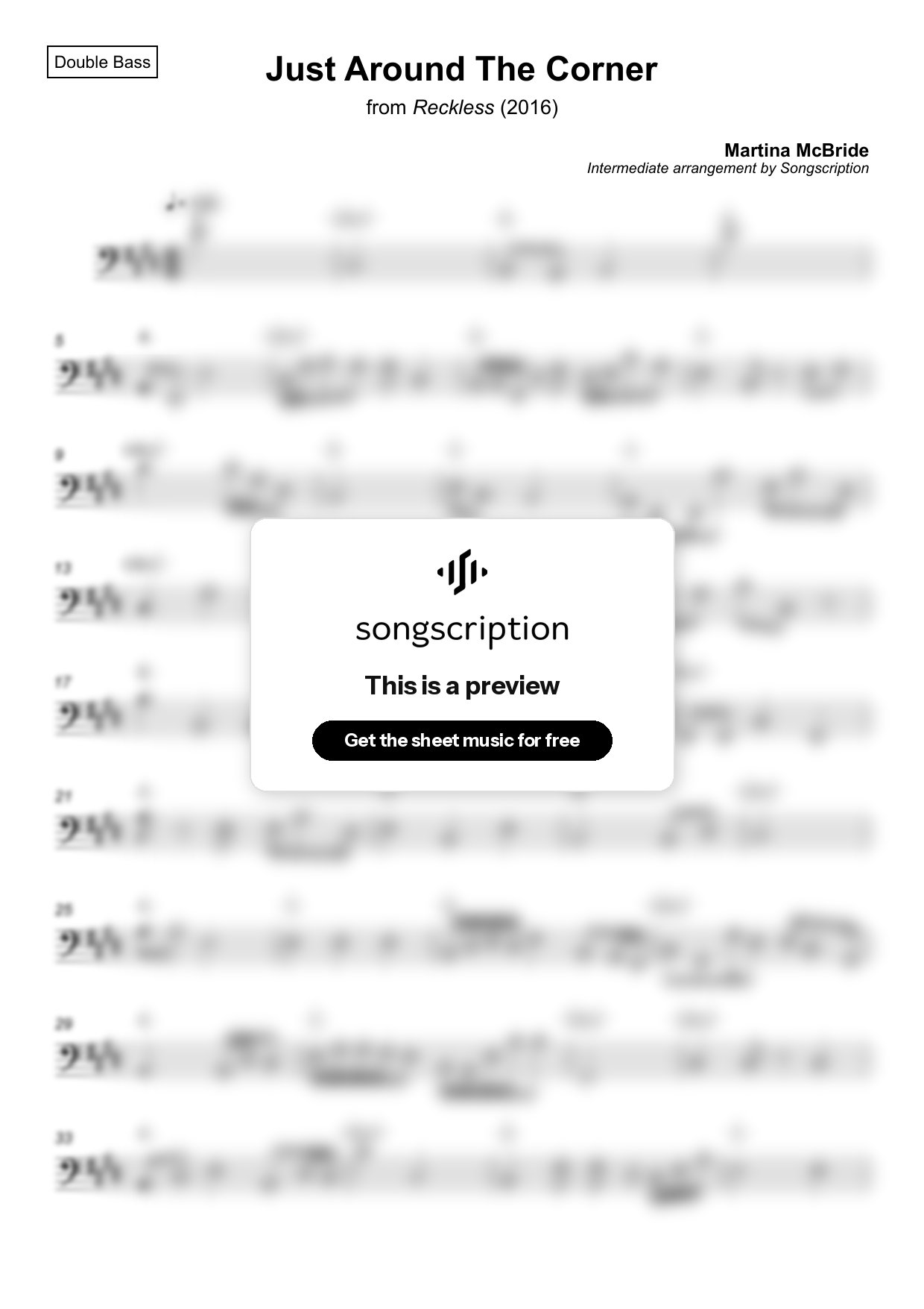 Intermediate Double Bass Sheet Music for "Just Around The Corner" by Martina McBride