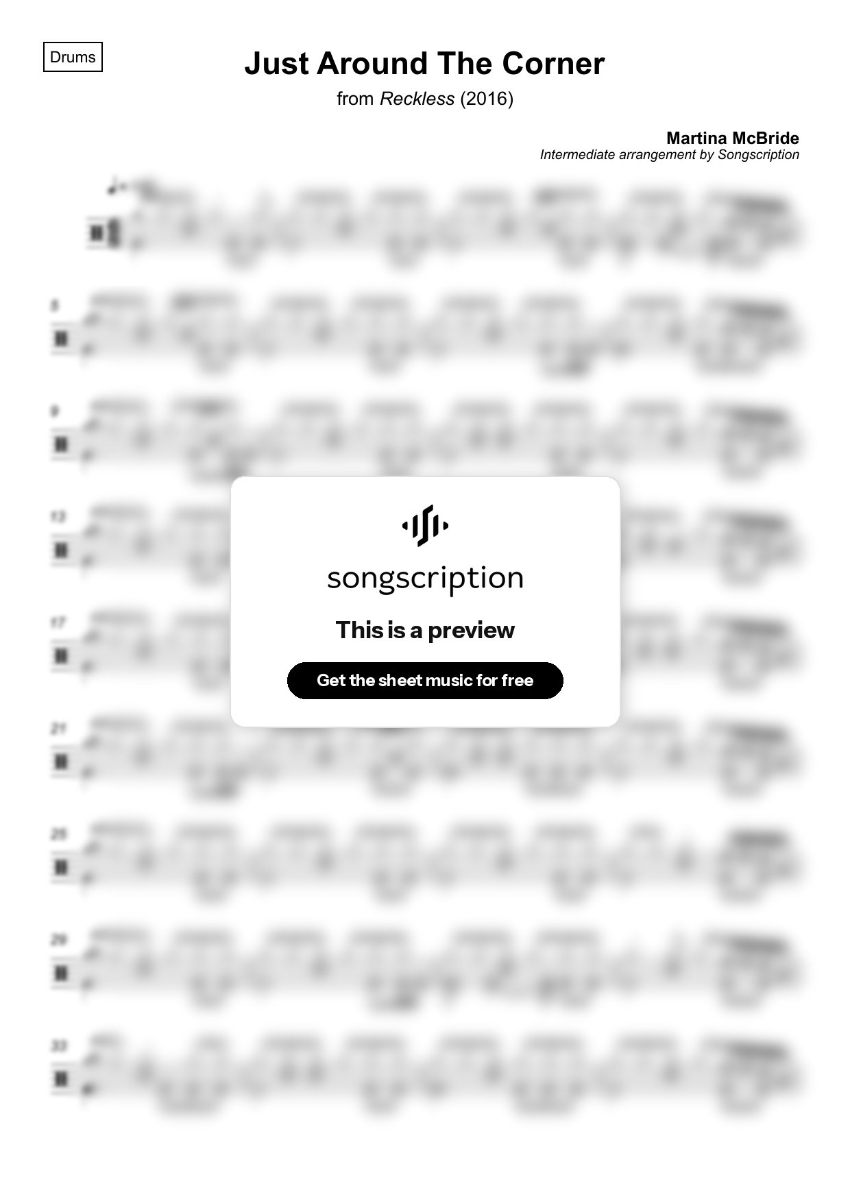Intermediate Drums Sheet Music for "Just Around The Corner" by Martina McBride