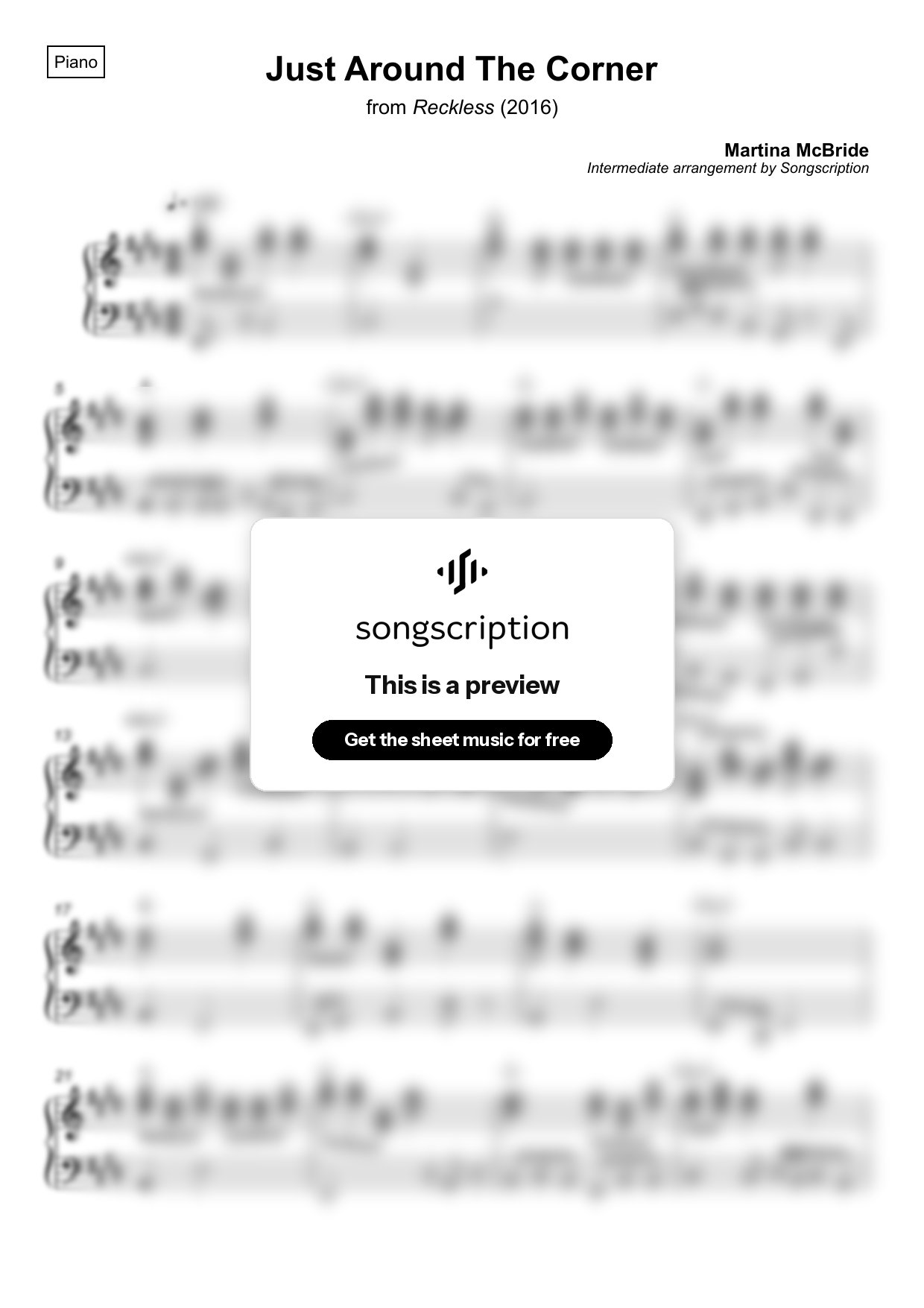 Intermediate Piano Sheet Music for "Just Around The Corner" by Martina McBride