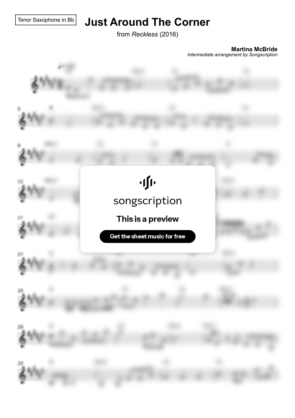 Intermediate Tenor Sax Sheet Music for "Just Around The Corner" by Martina McBride