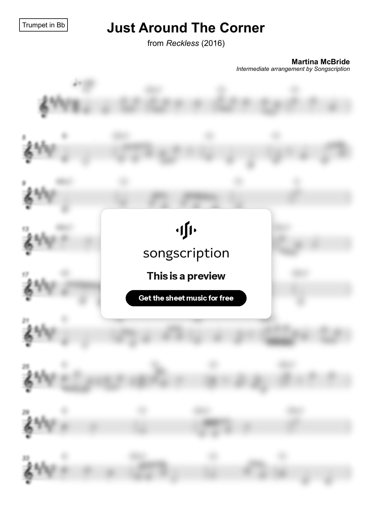 Intermediate Trumpet Sheet Music for "Just Around The Corner" by Martina McBride