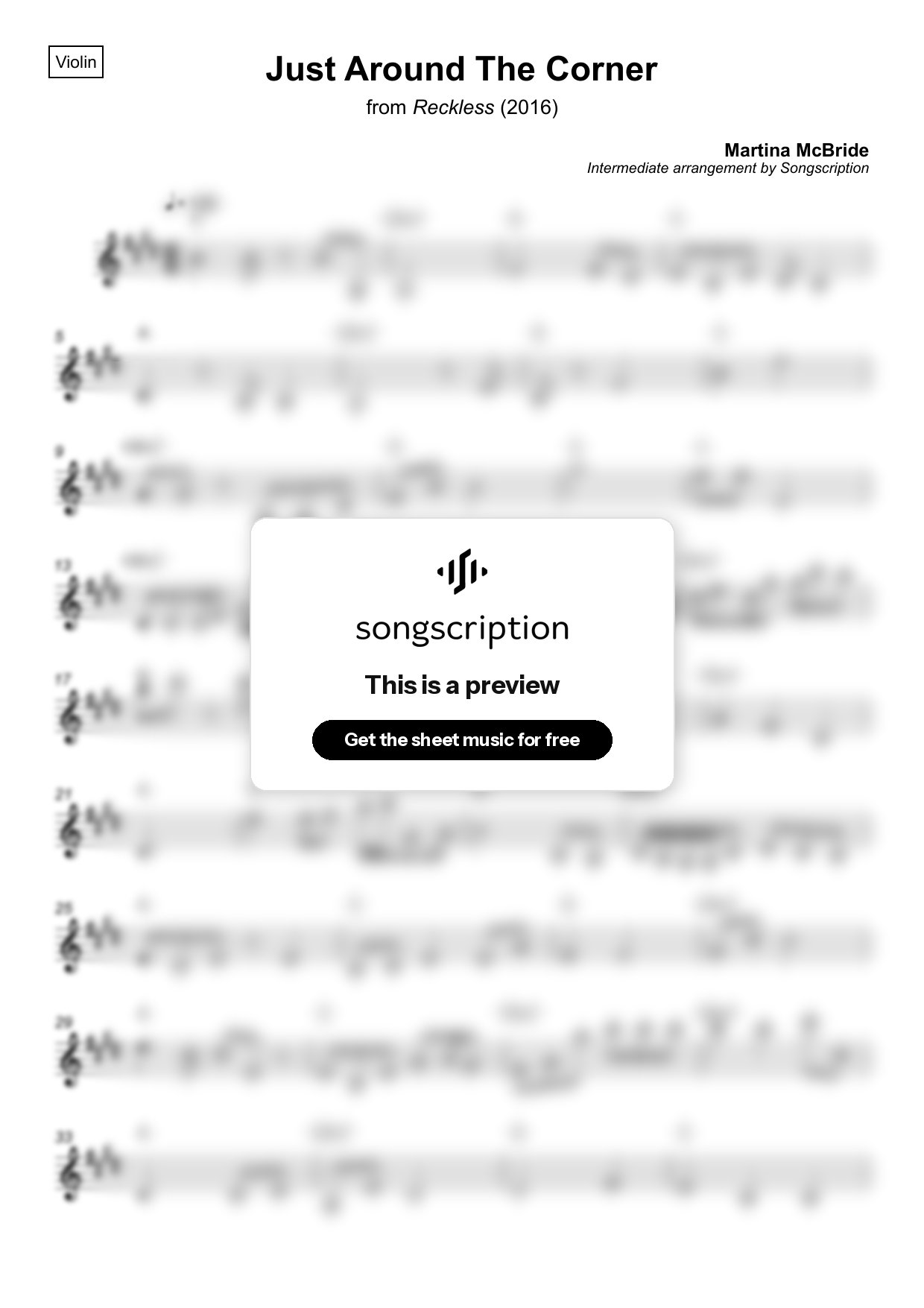 Intermediate Violin Sheet Music for "Just Around The Corner" by Martina McBride
