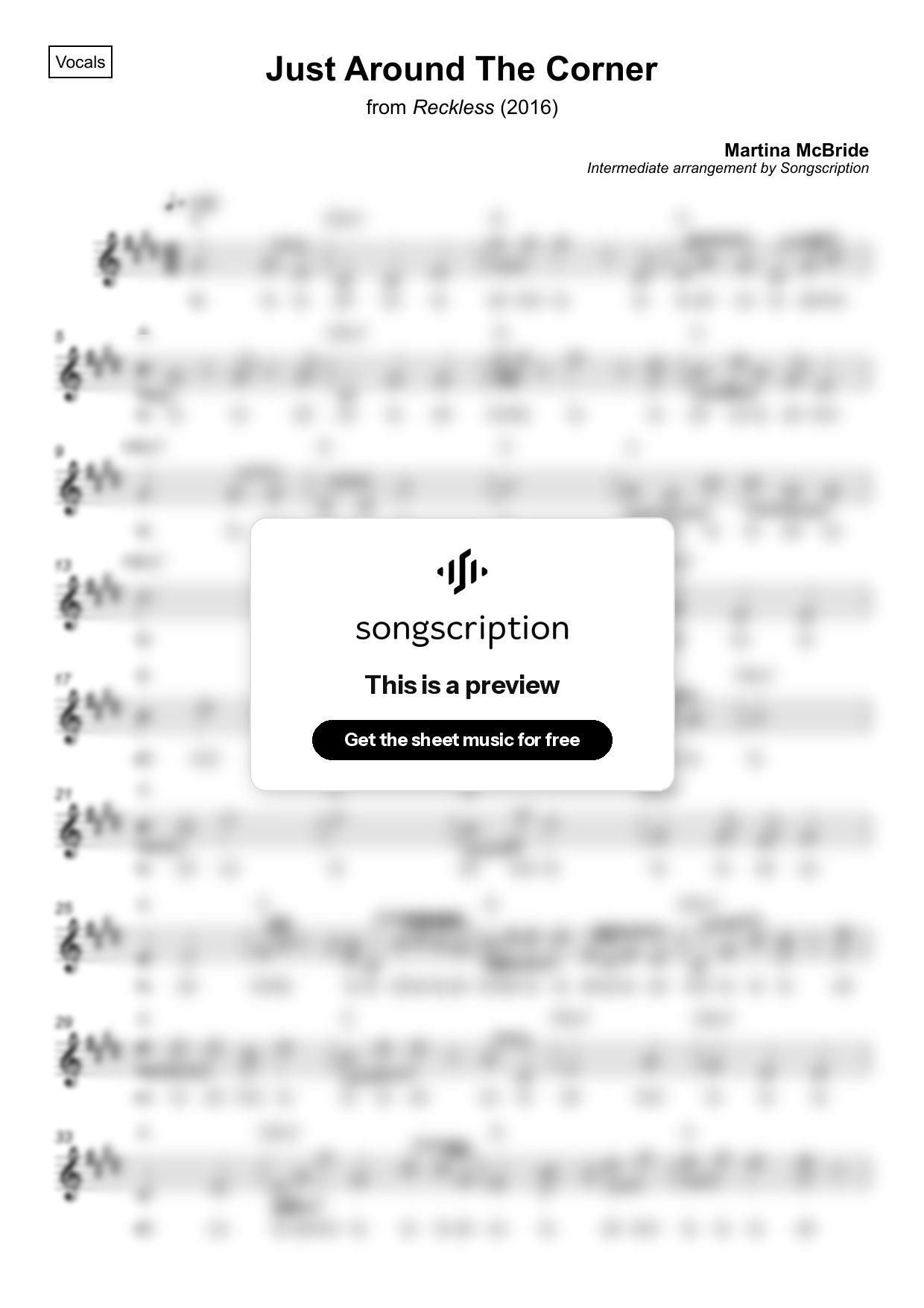 Intermediate Vocals Sheet Music for "Just Around The Corner" by Martina McBride