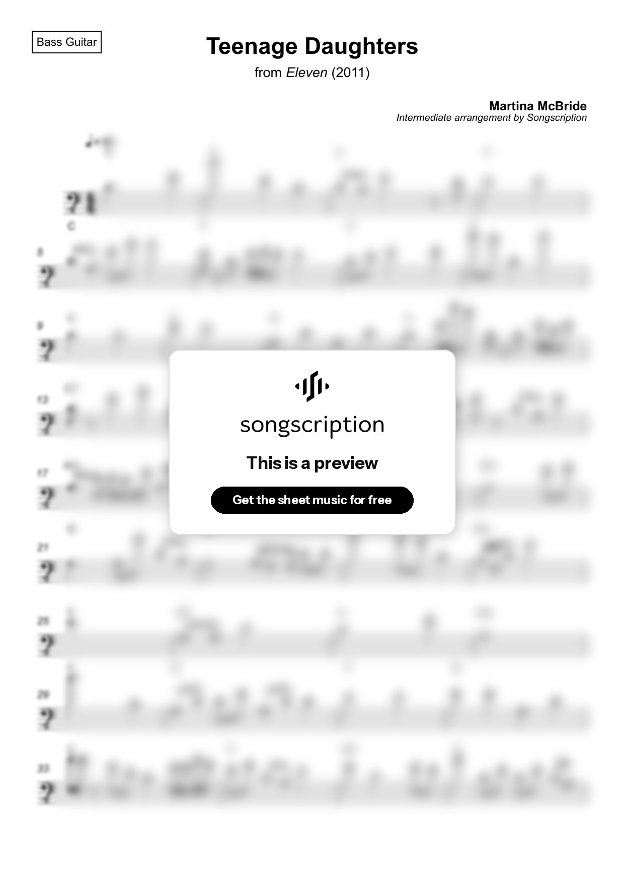 Intermediate Bass Guitar Sheet Music for "Teenage Daughters" by Martina McBride