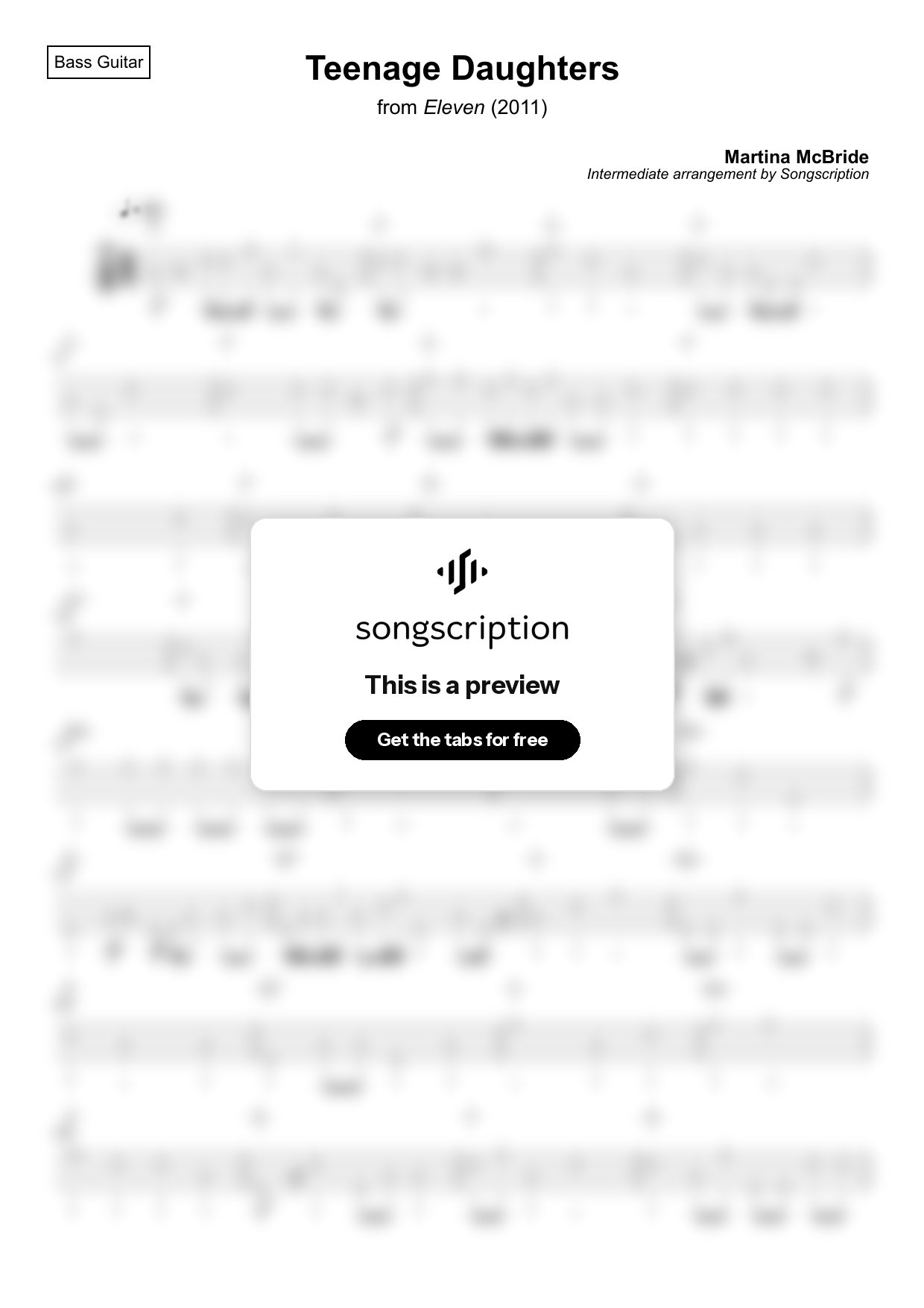 Intermediate Bass Guitar Tabs for "Teenage Daughters" by Martina McBride