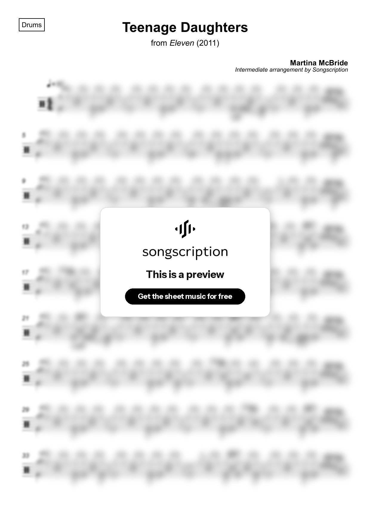 Intermediate Drums Sheet Music for "Teenage Daughters" by Martina McBride