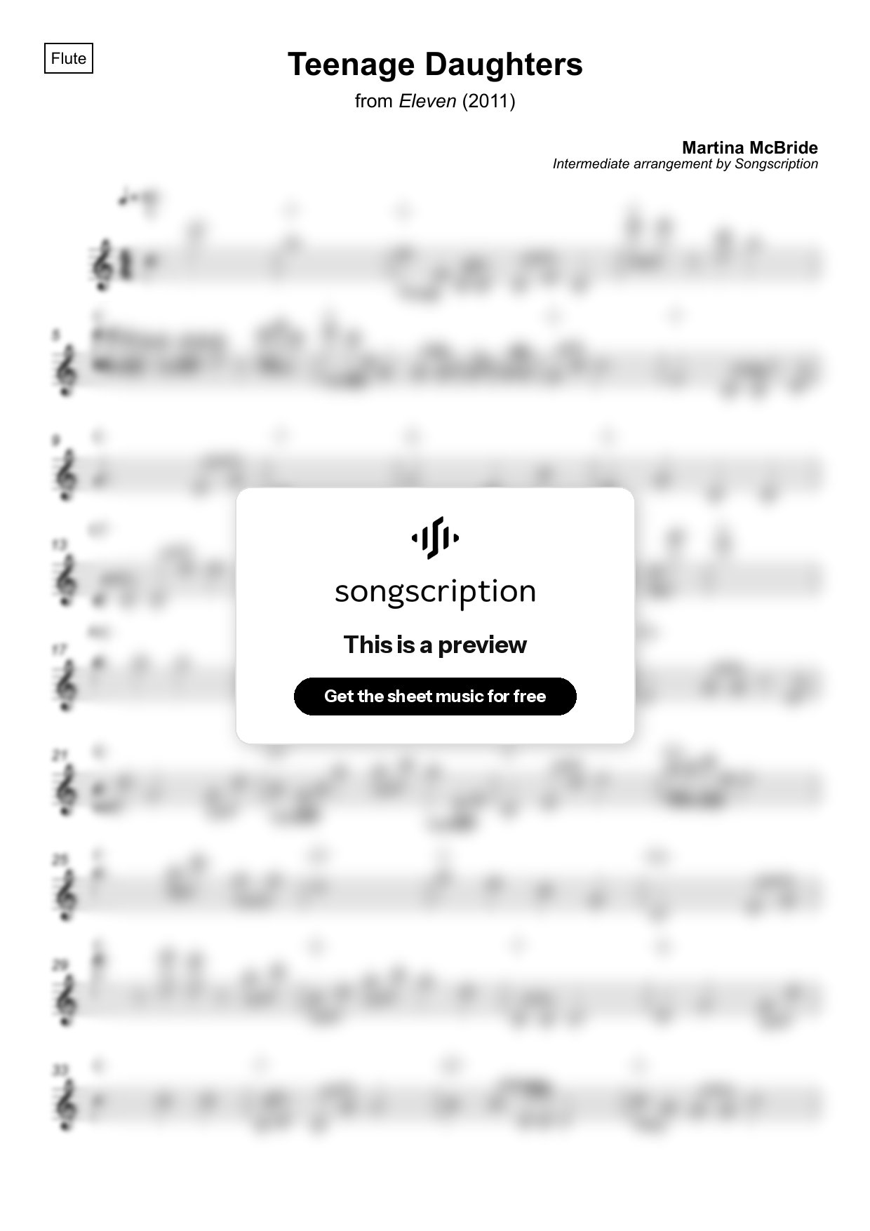 Intermediate Flute Sheet Music for "Teenage Daughters" by Martina McBride