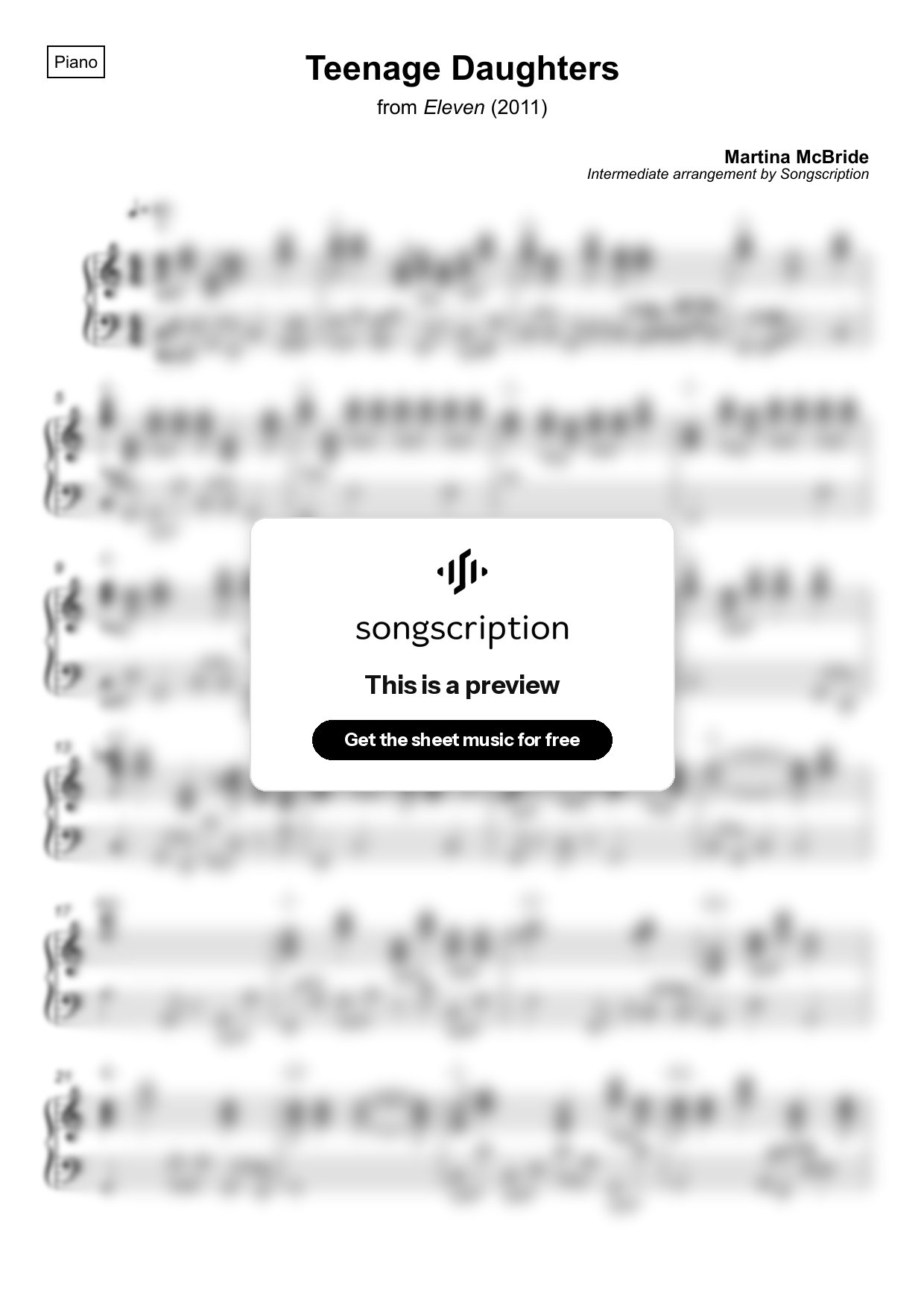 Intermediate Piano Sheet Music for "Teenage Daughters" by Martina McBride