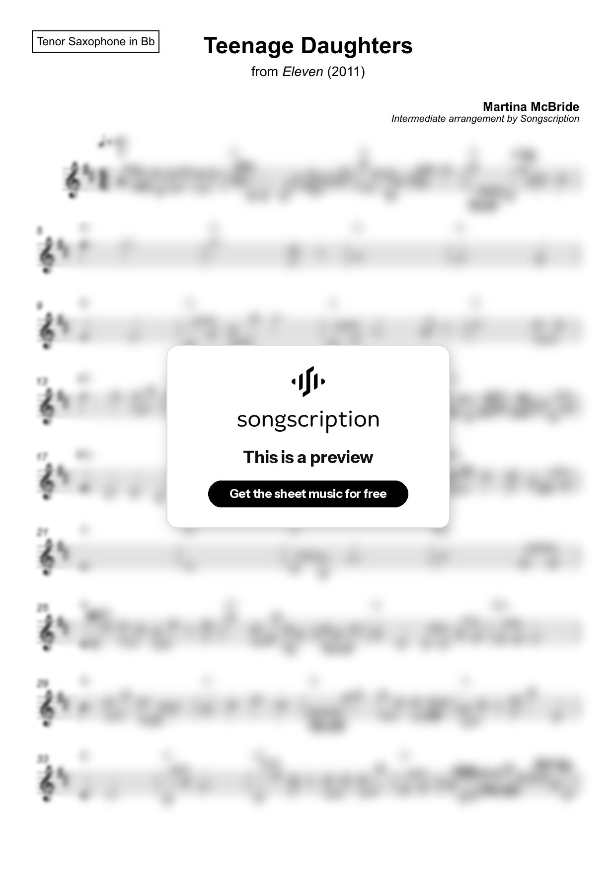 Intermediate Tenor Sax Sheet Music for "Teenage Daughters" by Martina McBride
