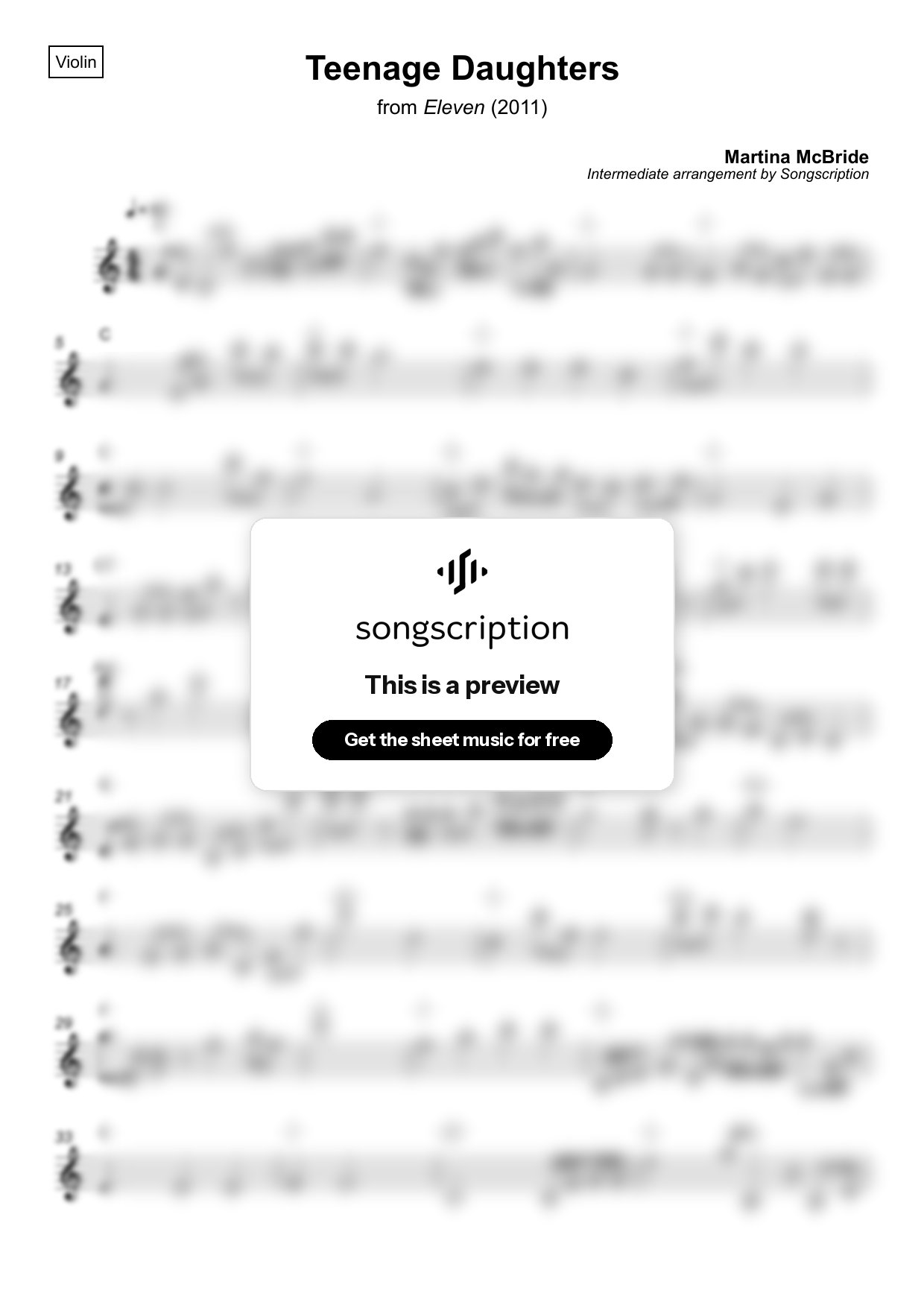 Intermediate Violin Sheet Music for "Teenage Daughters" by Martina McBride