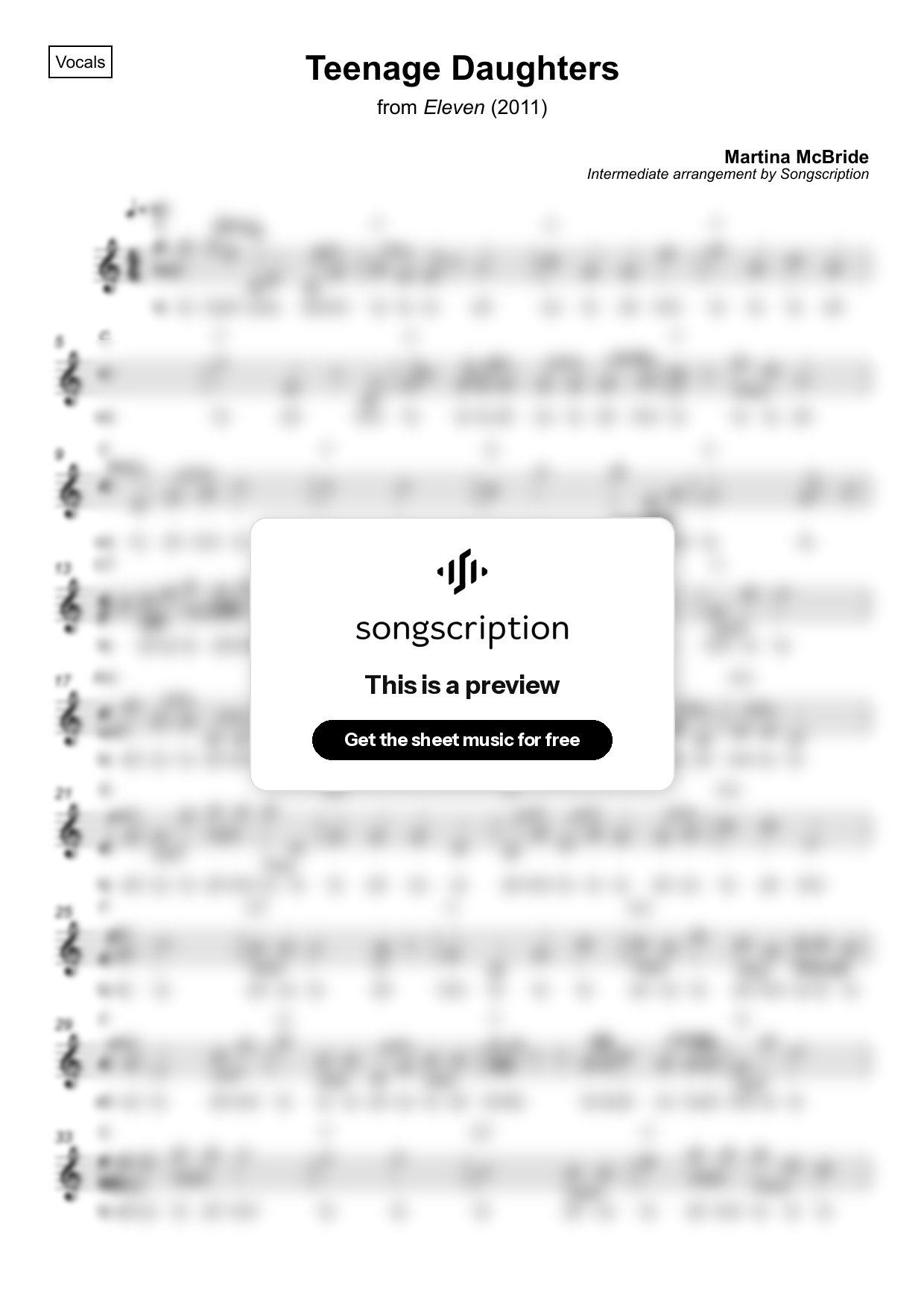 Intermediate Vocals Sheet Music for "Teenage Daughters" by Martina McBride