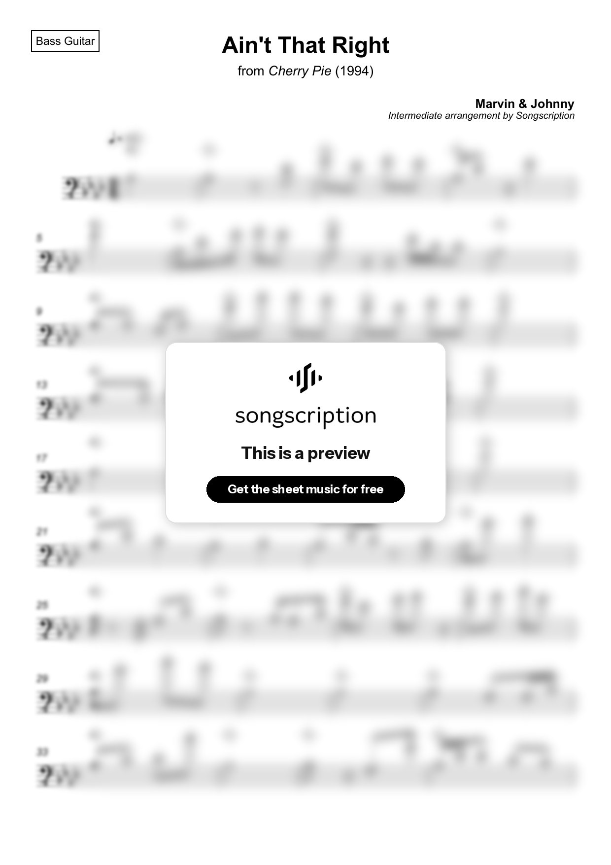 Intermediate Bass Guitar Sheet Music for "Ain't That Right" by Marvin & Johnny
