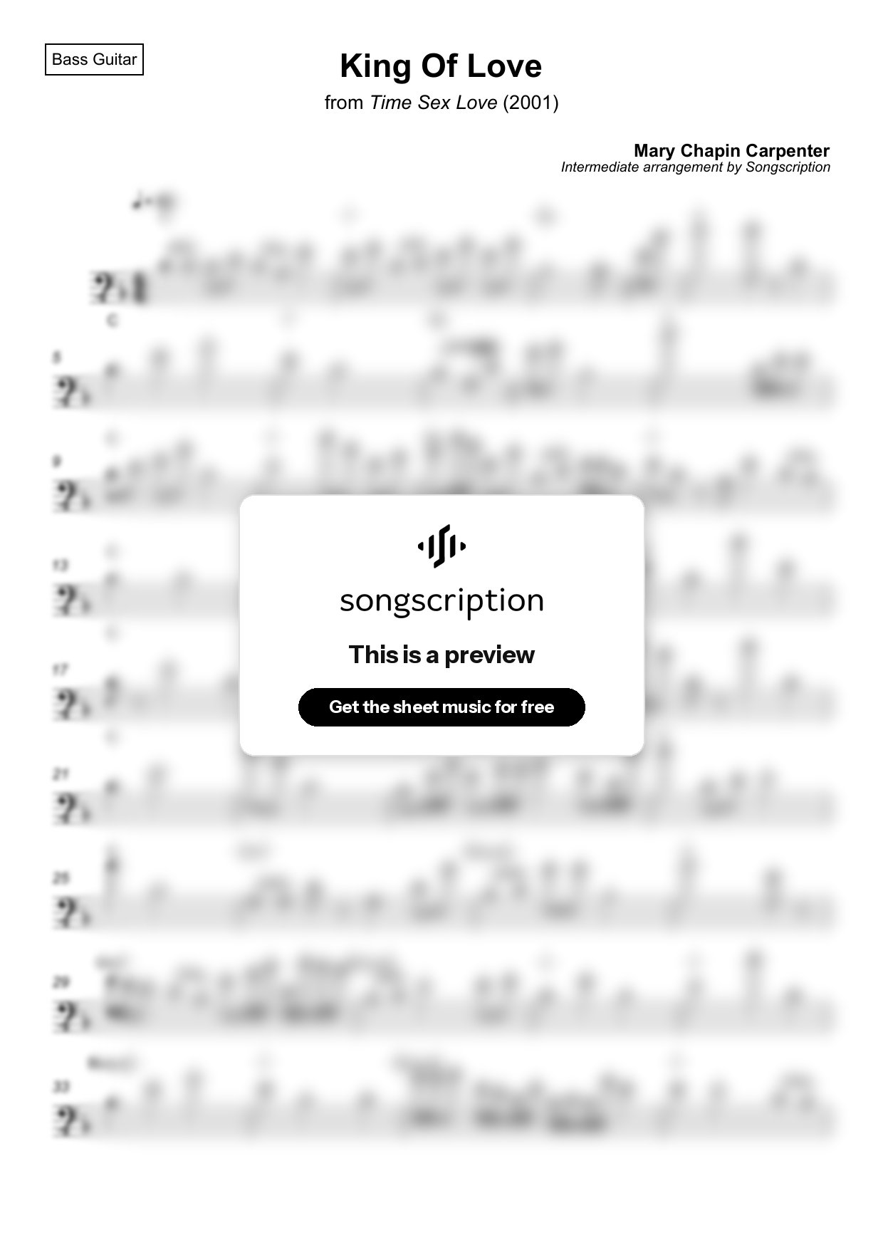 Intermediate Bass Guitar Sheet Music for "King Of Love" by Mary Chapin Carpenter