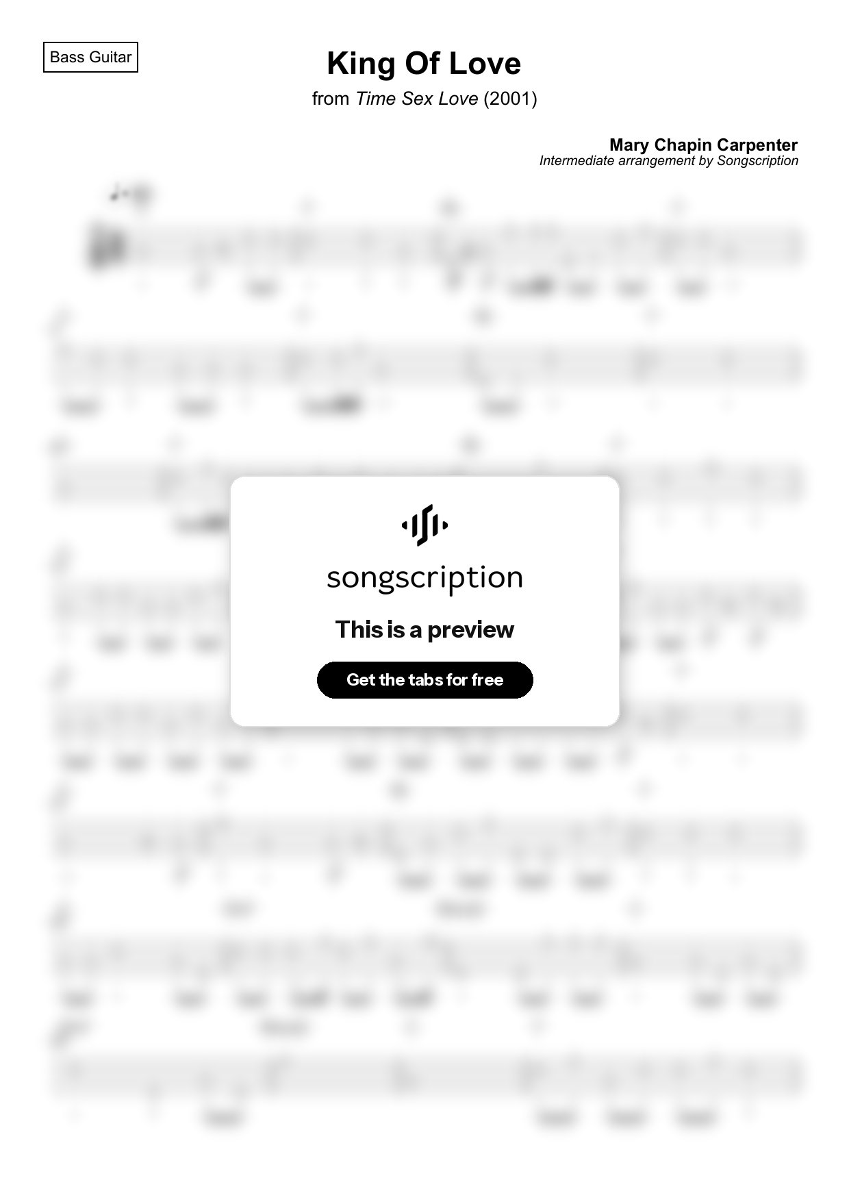 Intermediate Bass Guitar Tabs for "King Of Love" by Mary Chapin Carpenter