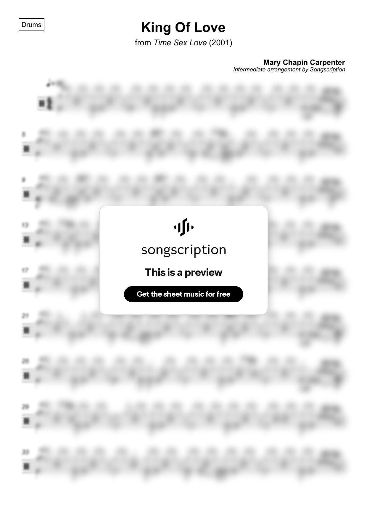 Intermediate Drums Sheet Music for "King Of Love" by Mary Chapin Carpenter