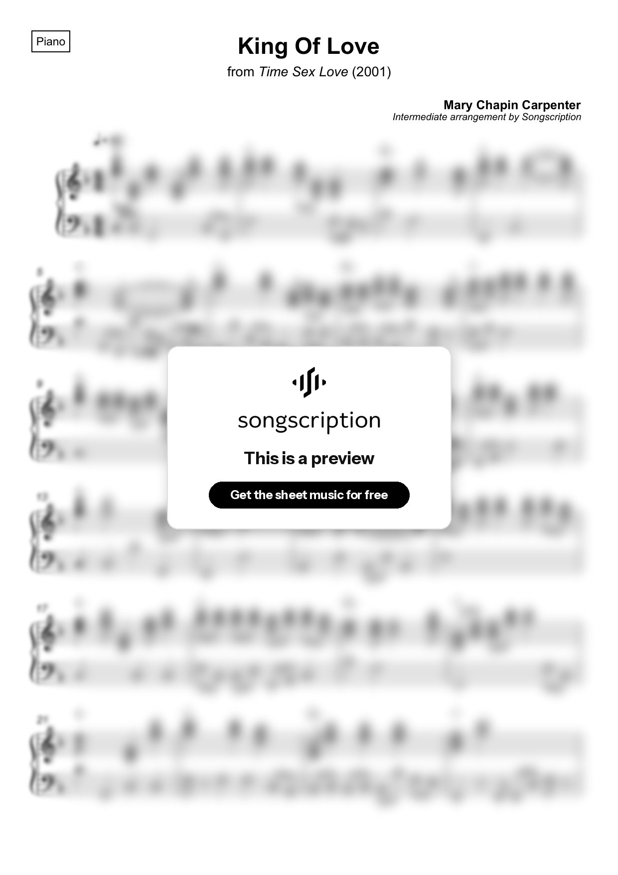 Intermediate Piano Sheet Music for "King Of Love" by Mary Chapin Carpenter