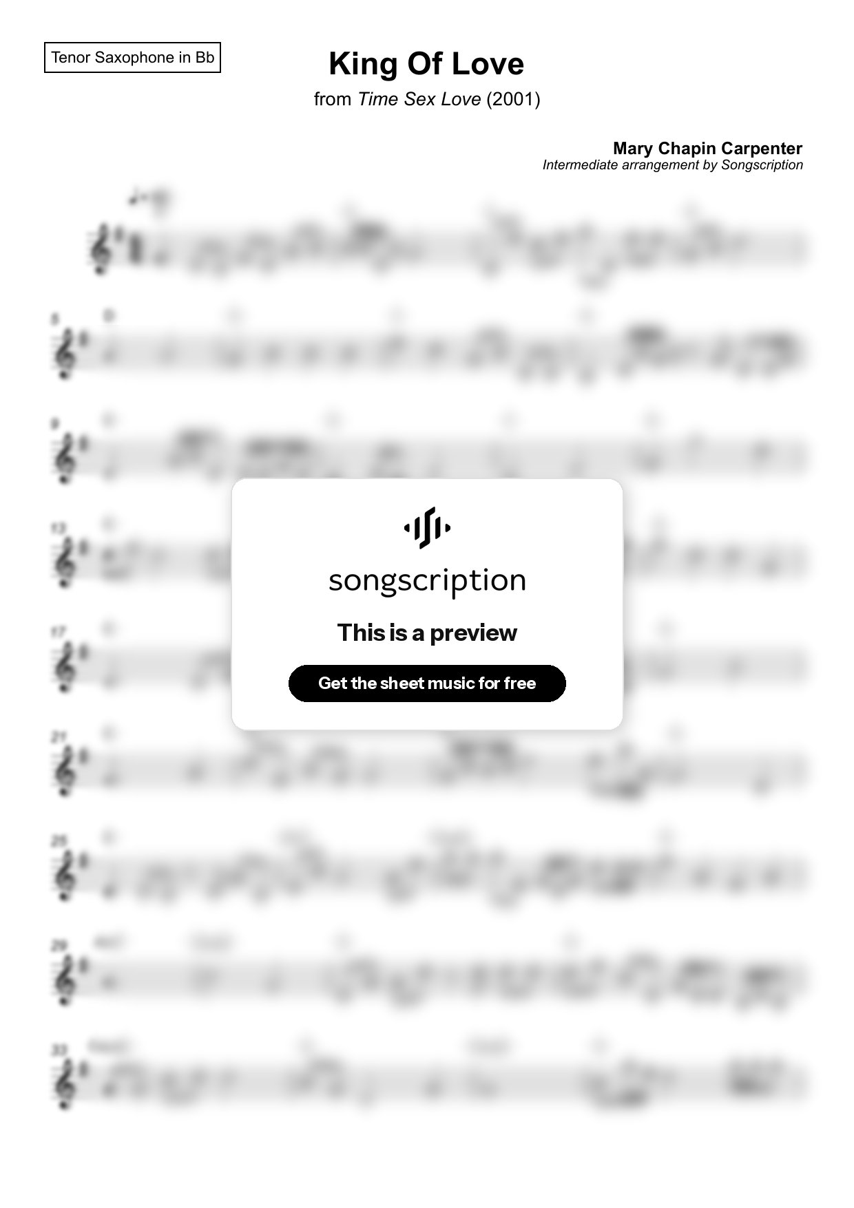 Intermediate Tenor Sax Sheet Music for "King Of Love" by Mary Chapin Carpenter