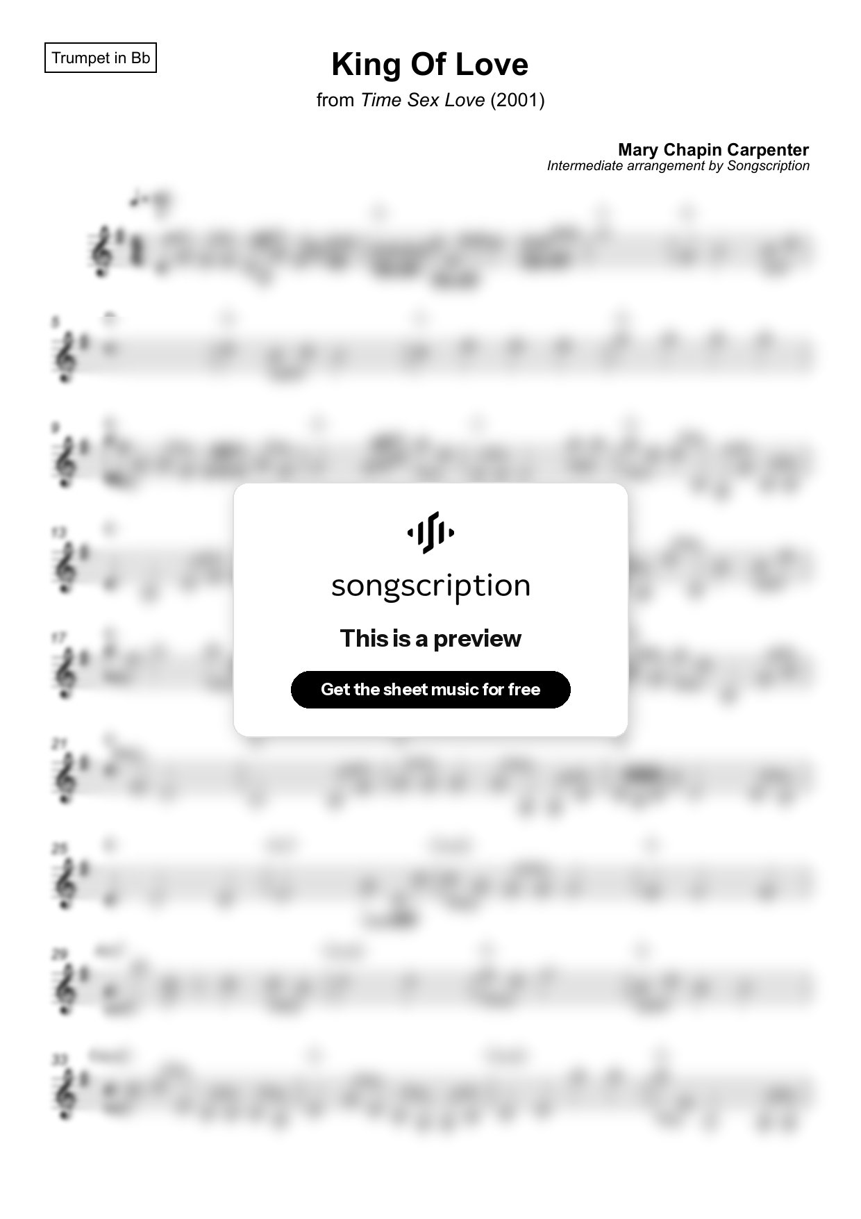 Intermediate Trumpet Sheet Music for "King Of Love" by Mary Chapin Carpenter