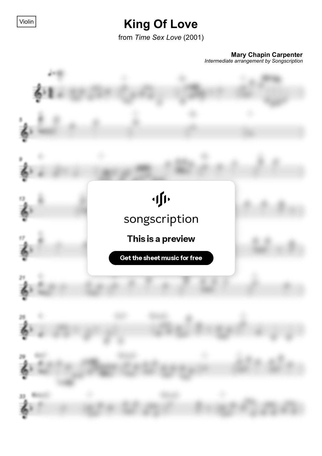 Intermediate Violin Sheet Music for "King Of Love" by Mary Chapin Carpenter