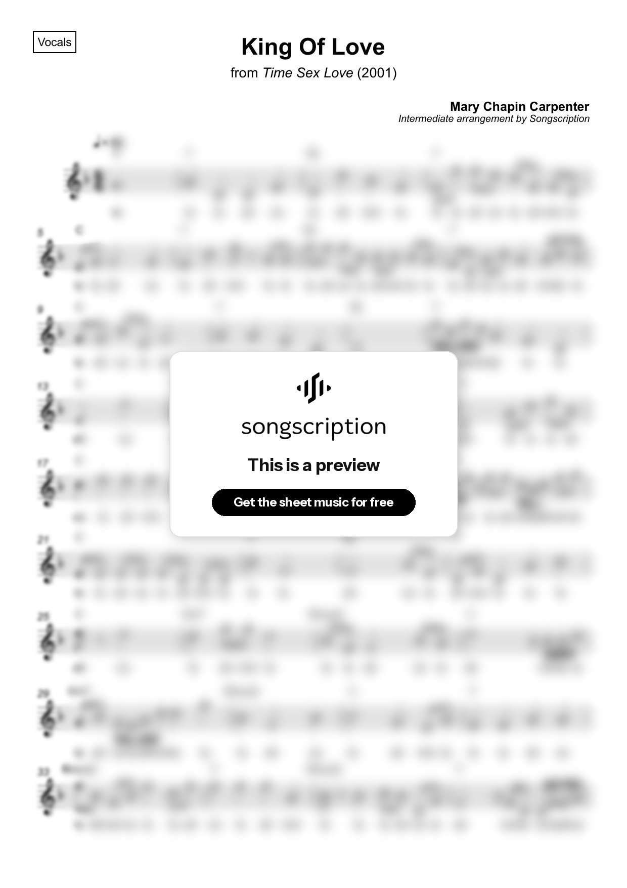 Intermediate Vocals Sheet Music for "King Of Love" by Mary Chapin Carpenter