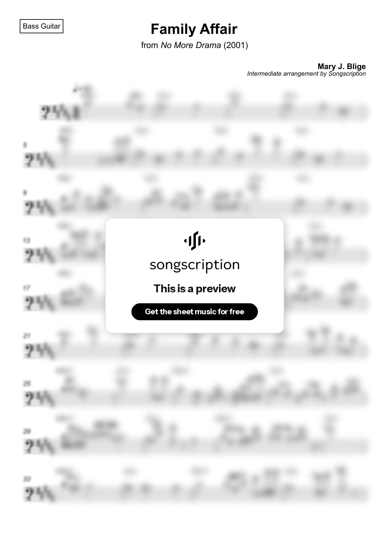 Intermediate Bass Guitar Sheet Music for "Family Affair" by Mary J. Blige