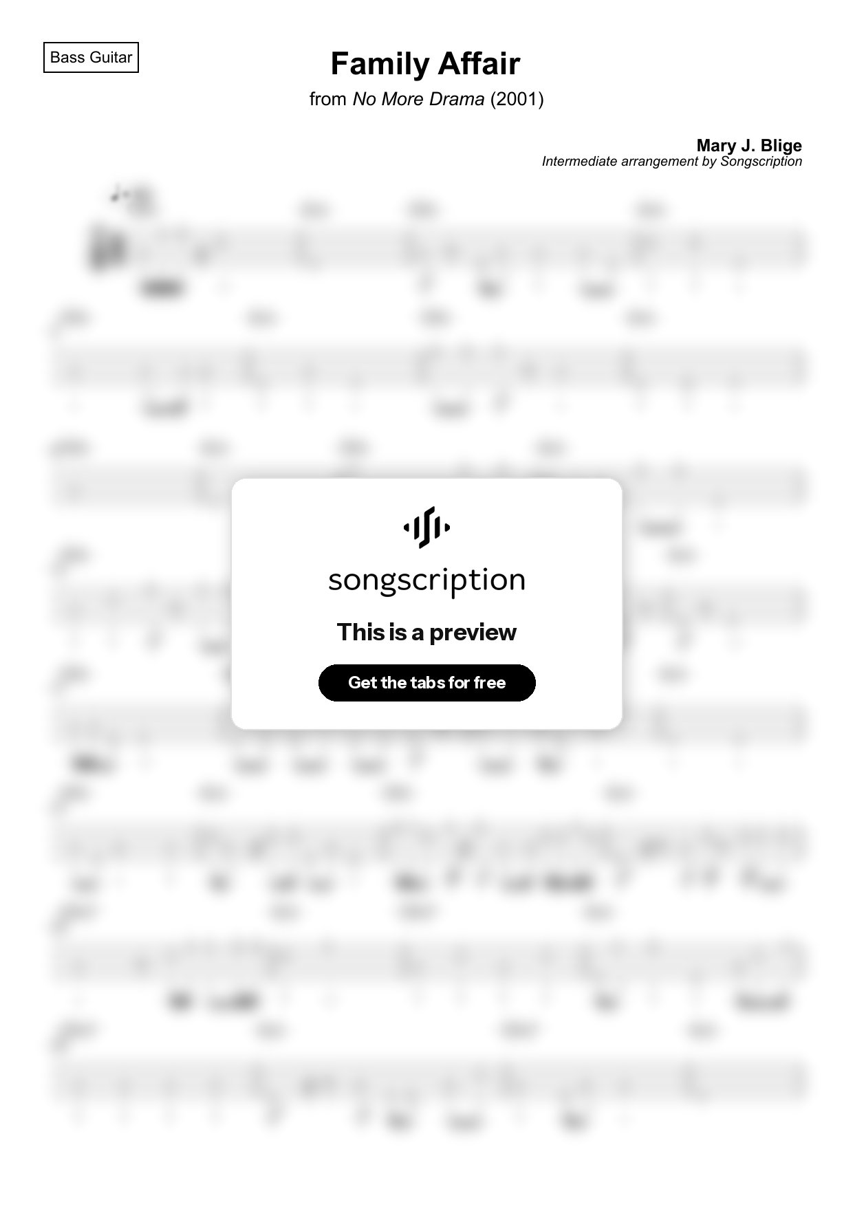 Intermediate Bass Guitar Tabs for "Family Affair" by Mary J. Blige